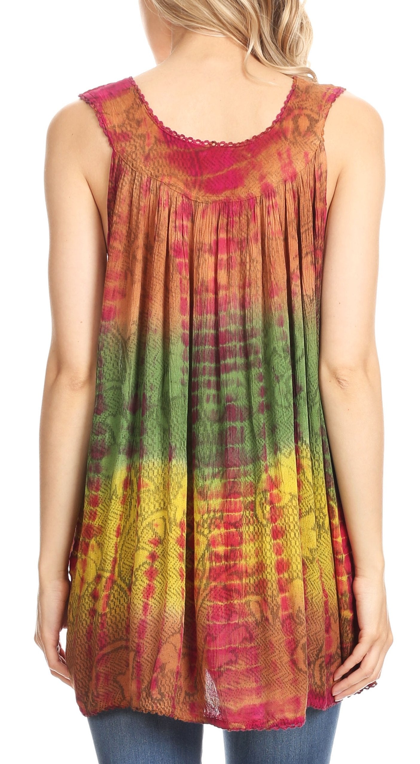 Multicolored tie-dye sleeveless top worn by a person on a white background