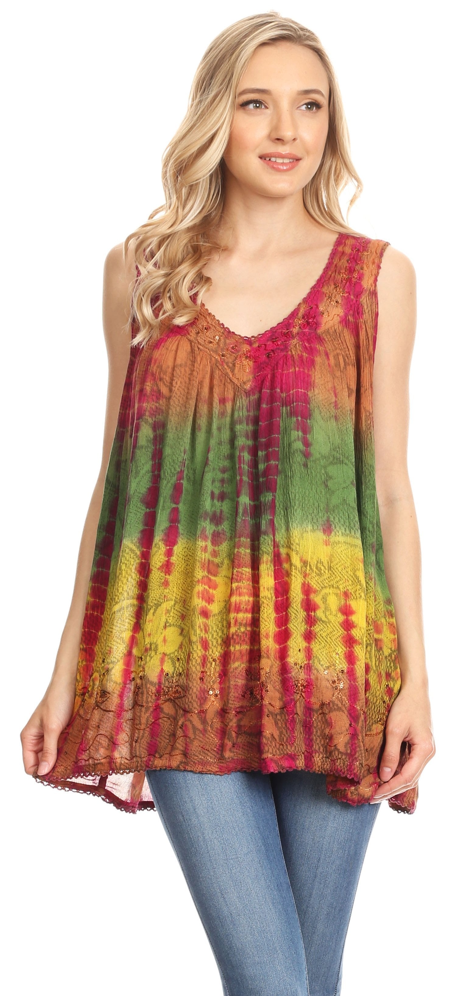 Woman wearing a colorful tie-dye sleeveless top with a white background