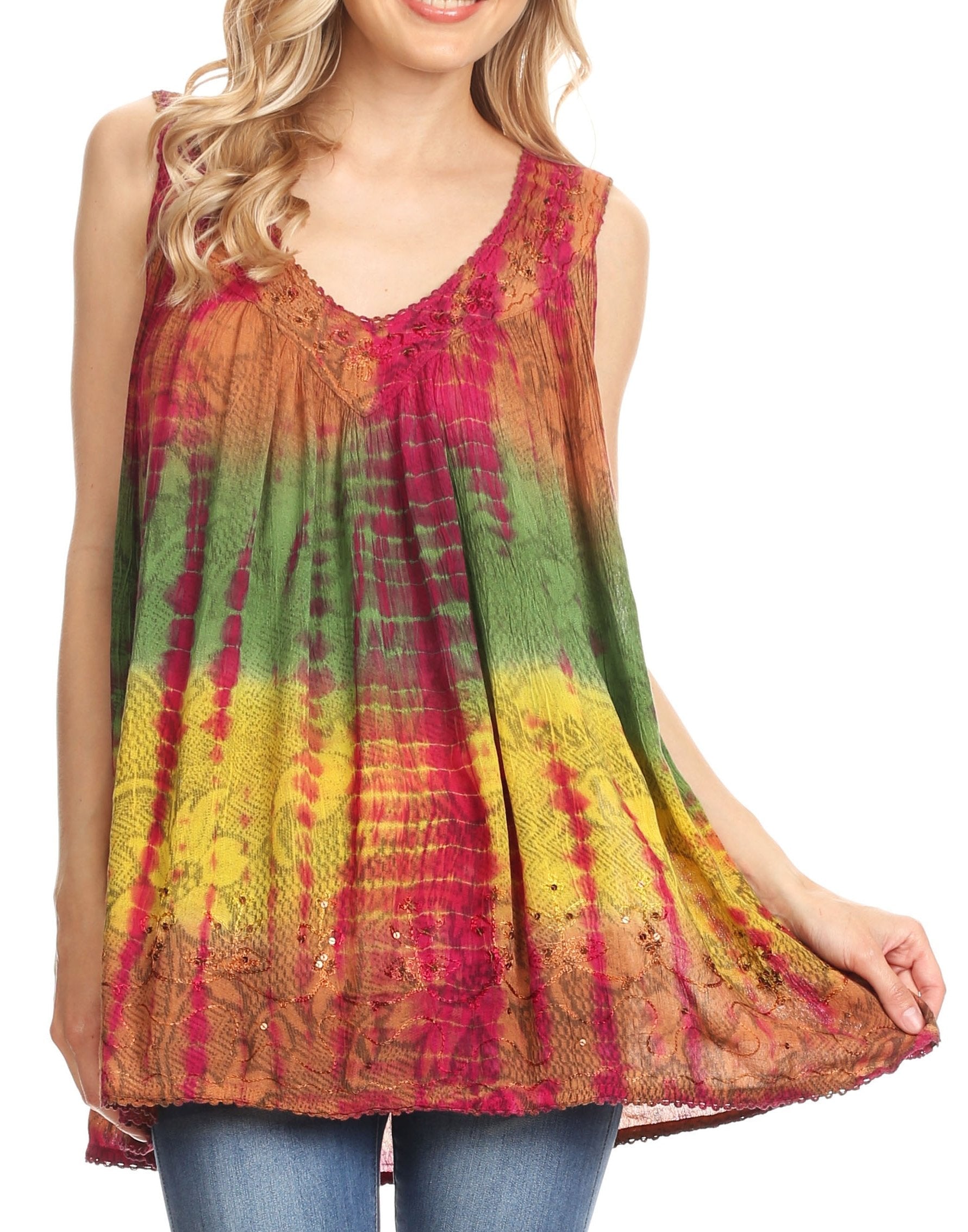 Woman wearing a colorful tie-dye sleeveless top on a white background