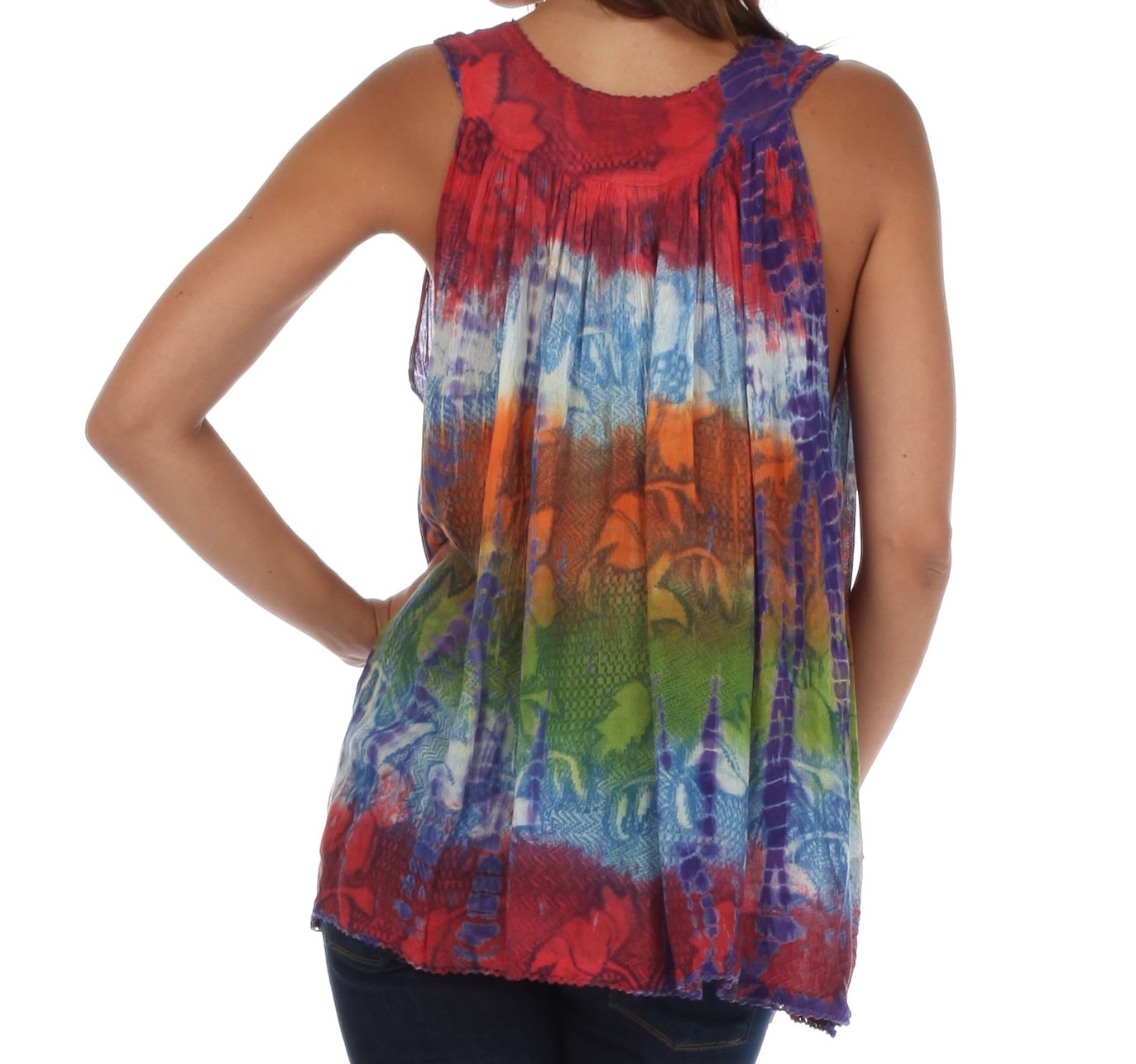 Multicolored tie-dye sleeveless top worn by a person on a white background
