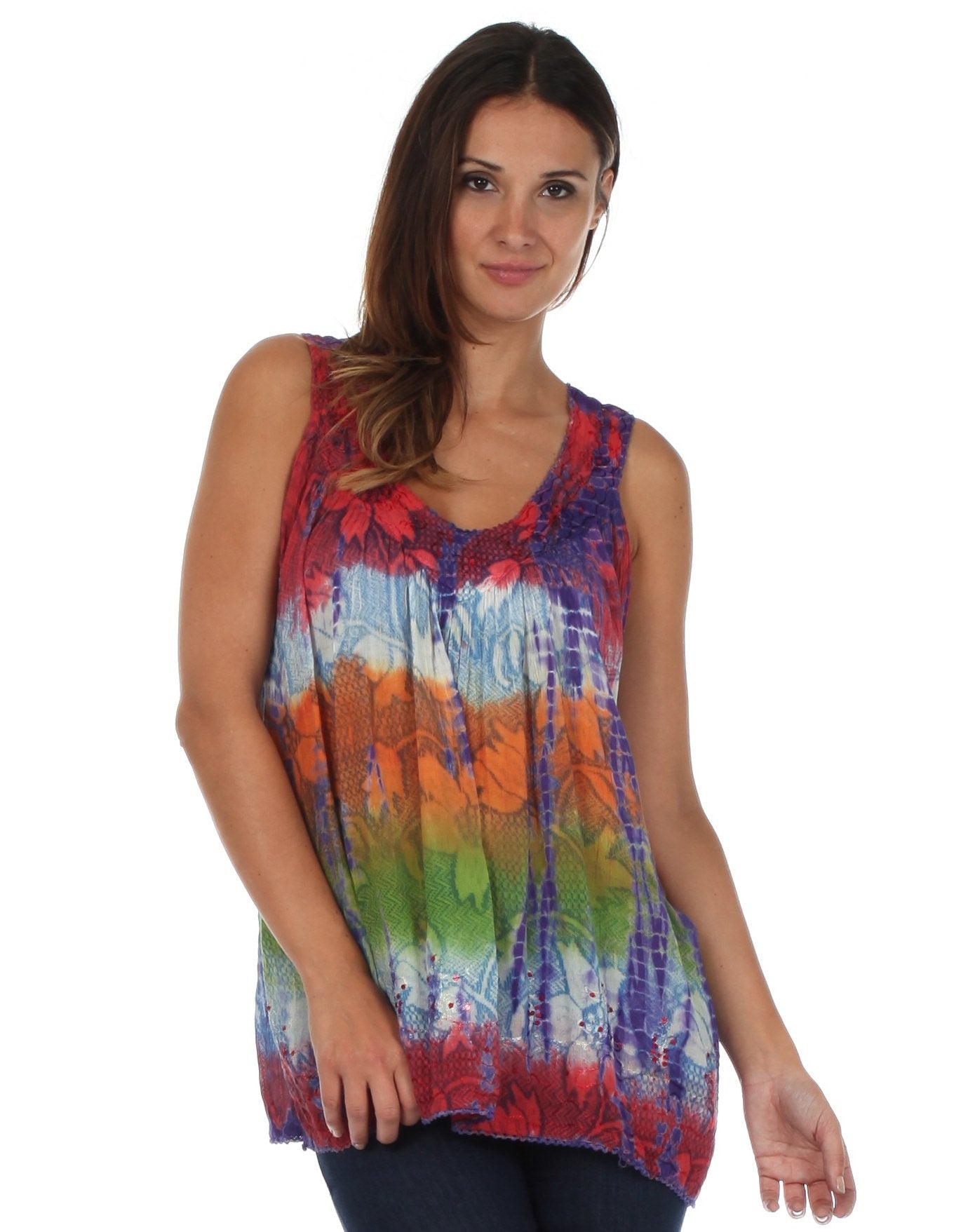 Woman wearing a colorful tie-dye sleeveless top on a white background