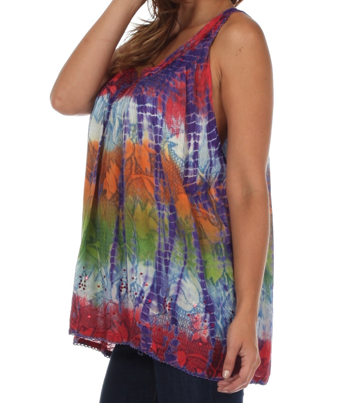 Multicolored tie-dye sleeveless top worn by a person on a white background