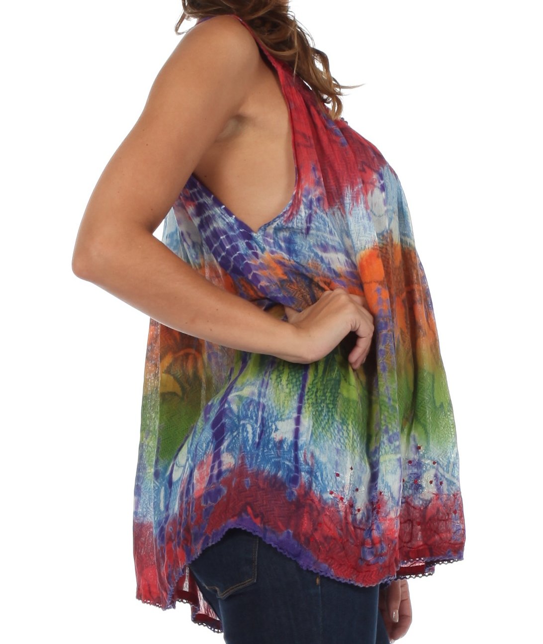 Multicolored tie-dye halter top worn by a person on a white background