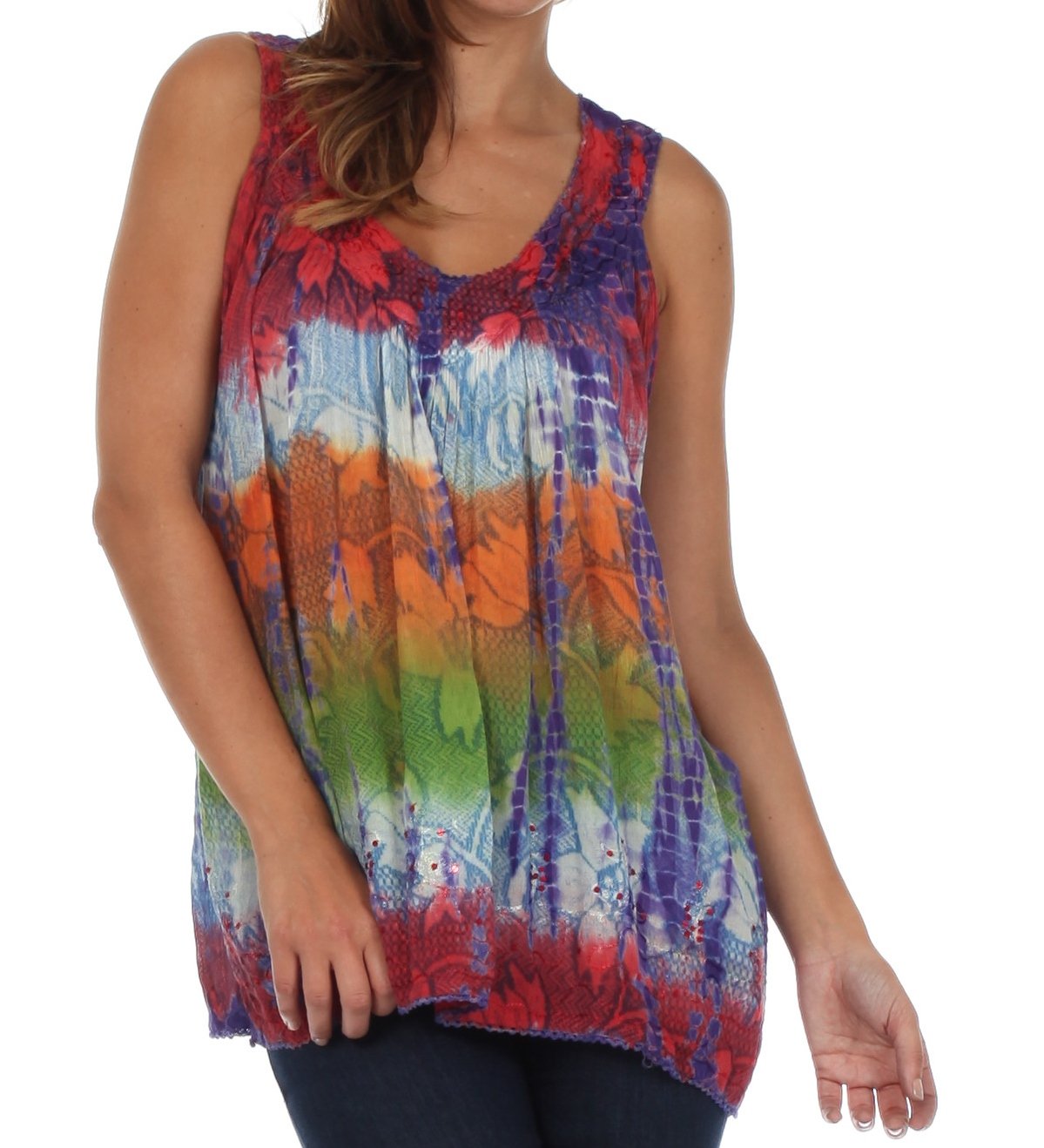 Multicolored tie-dye sleeveless top worn by a person on a white background