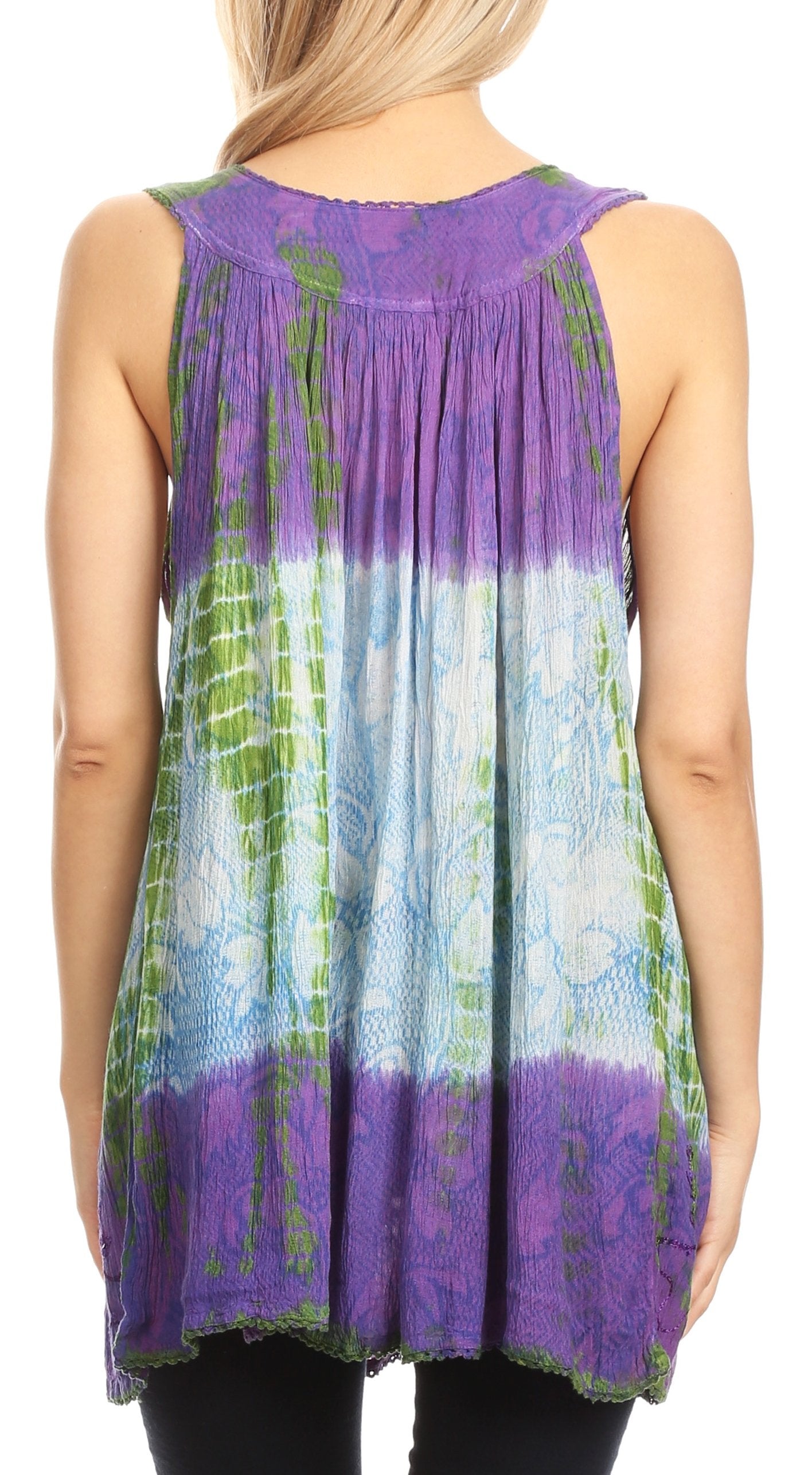 Multicolored tie-dye sleeveless top worn by a person on a white background