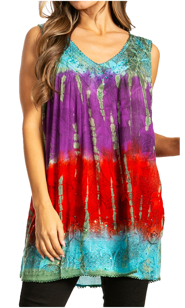 Multicolored tie-dye sleeveless top worn by a model