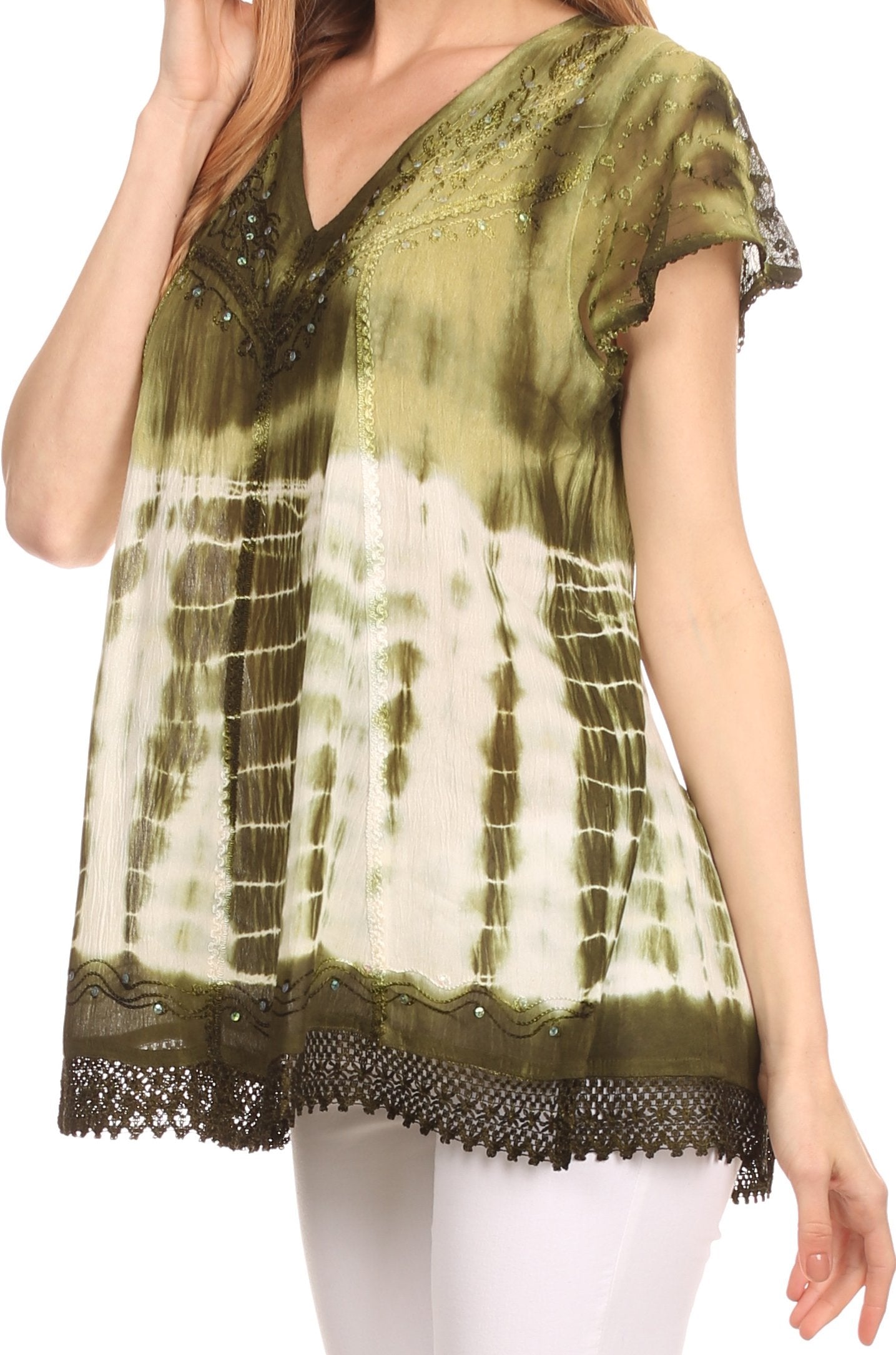 Green and white tie-dye top with lace details on a white background