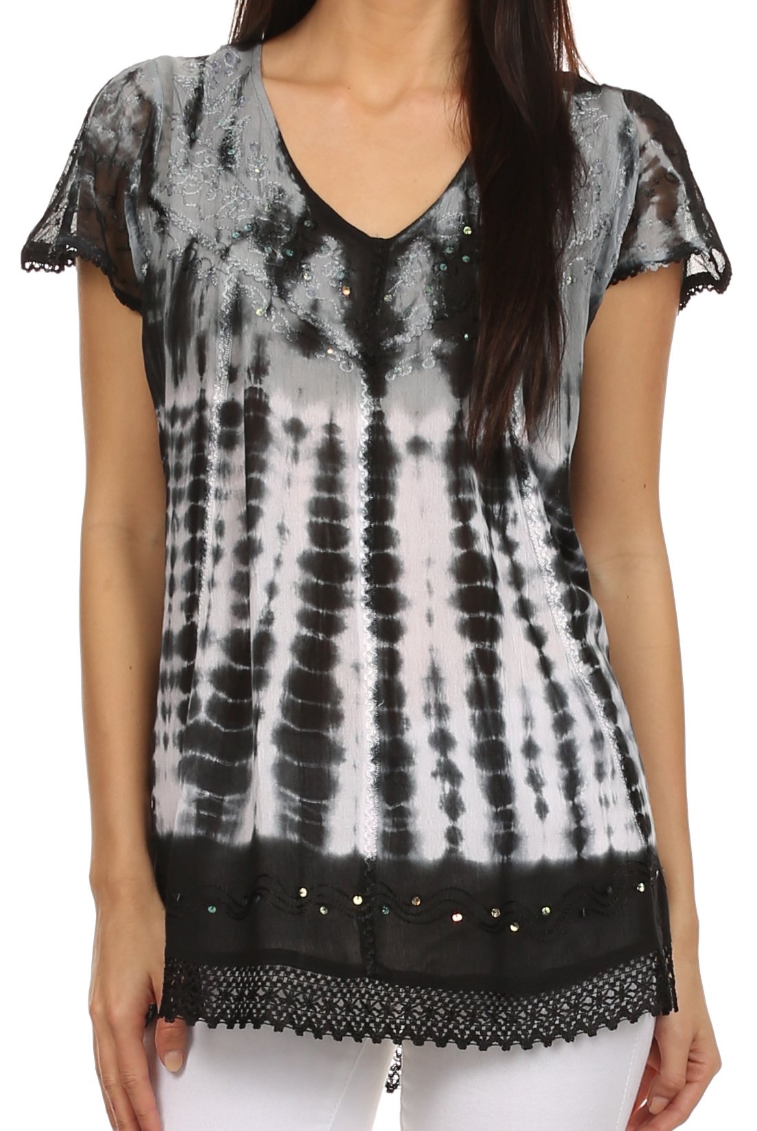 Black and white tie-dye top with lace details on a plain background