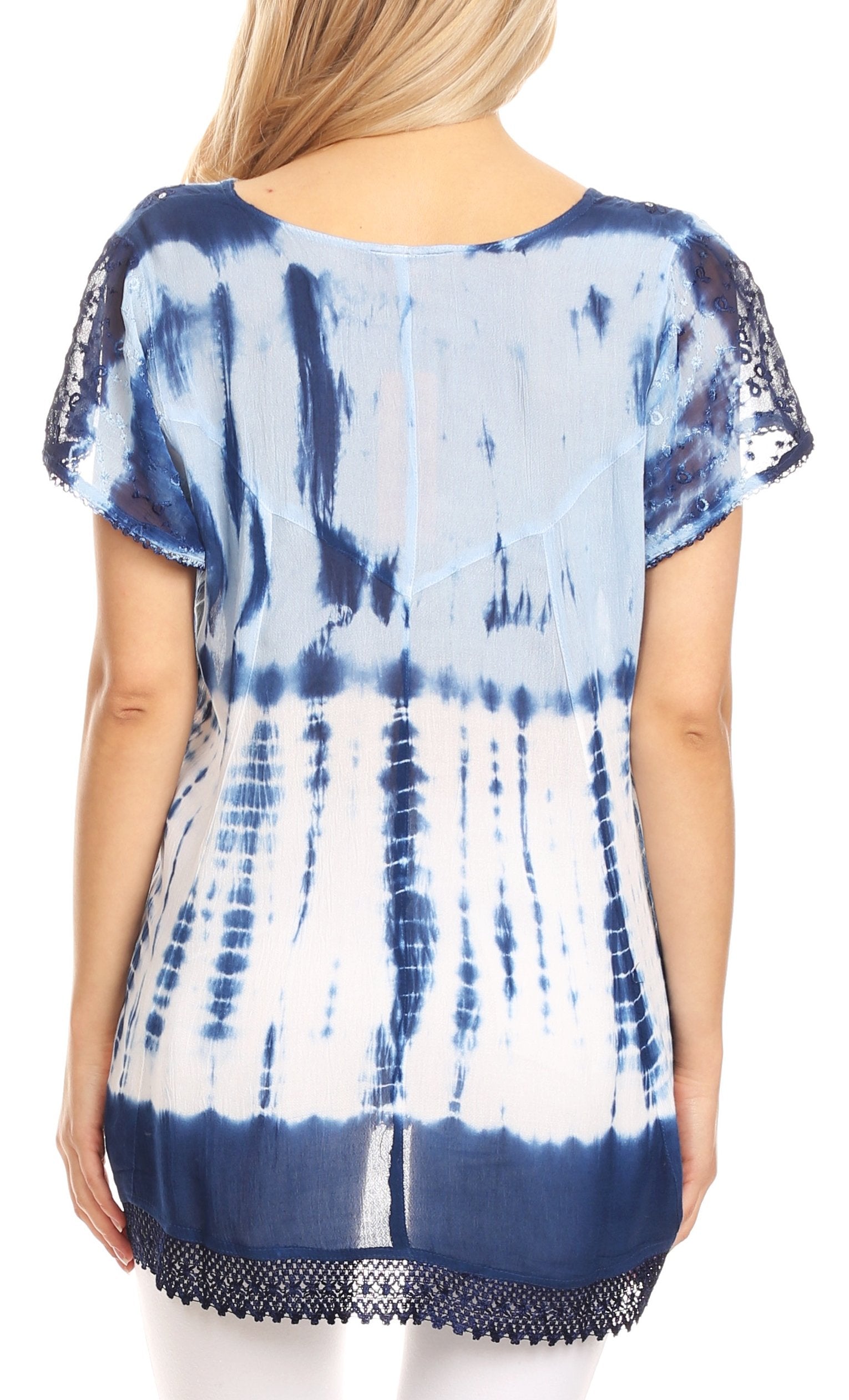 Blue and white tie-dye top with lace details on a model against a white background