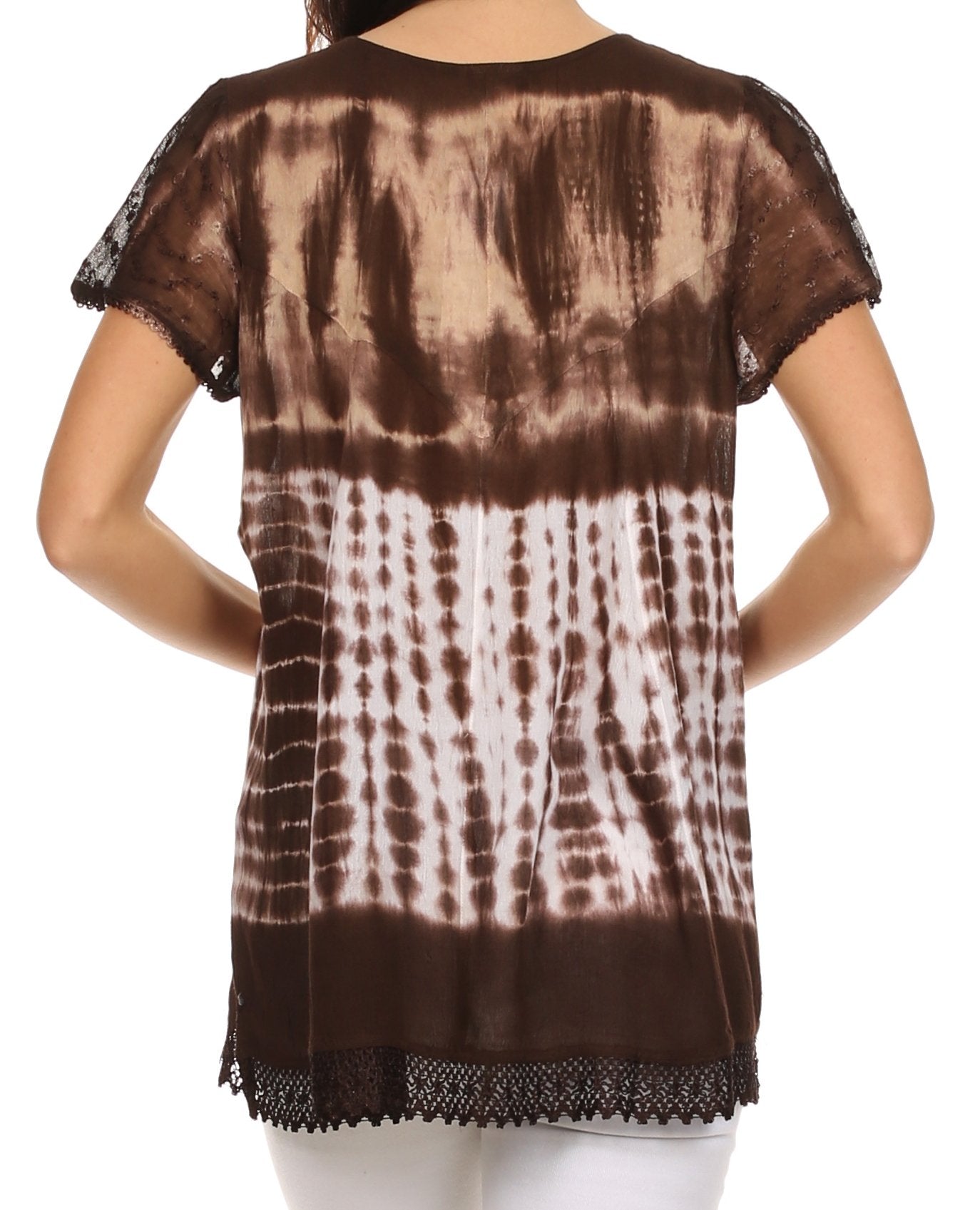 Brown and white tie-dye top with lace trim on a white background