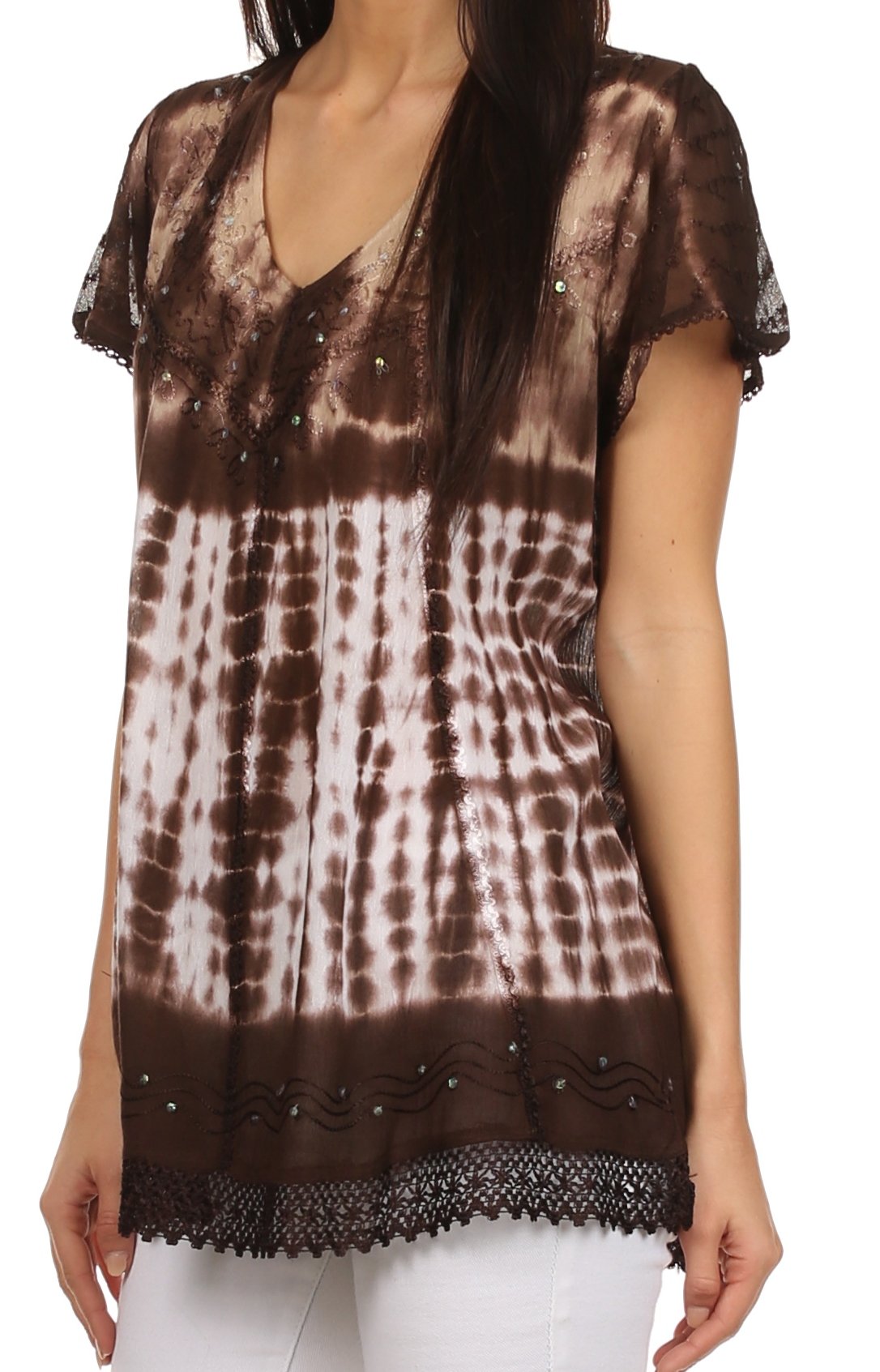 Tie-dye top with lace trim worn by a model on a white background