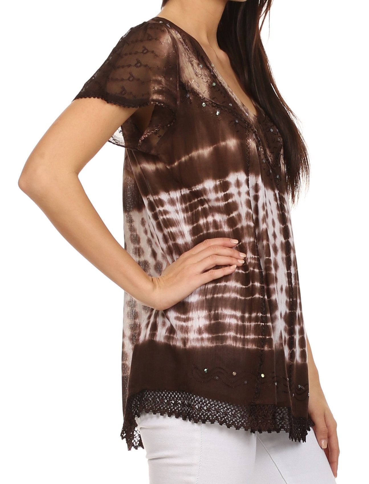 Brown tie-dye top with lace details on a white background