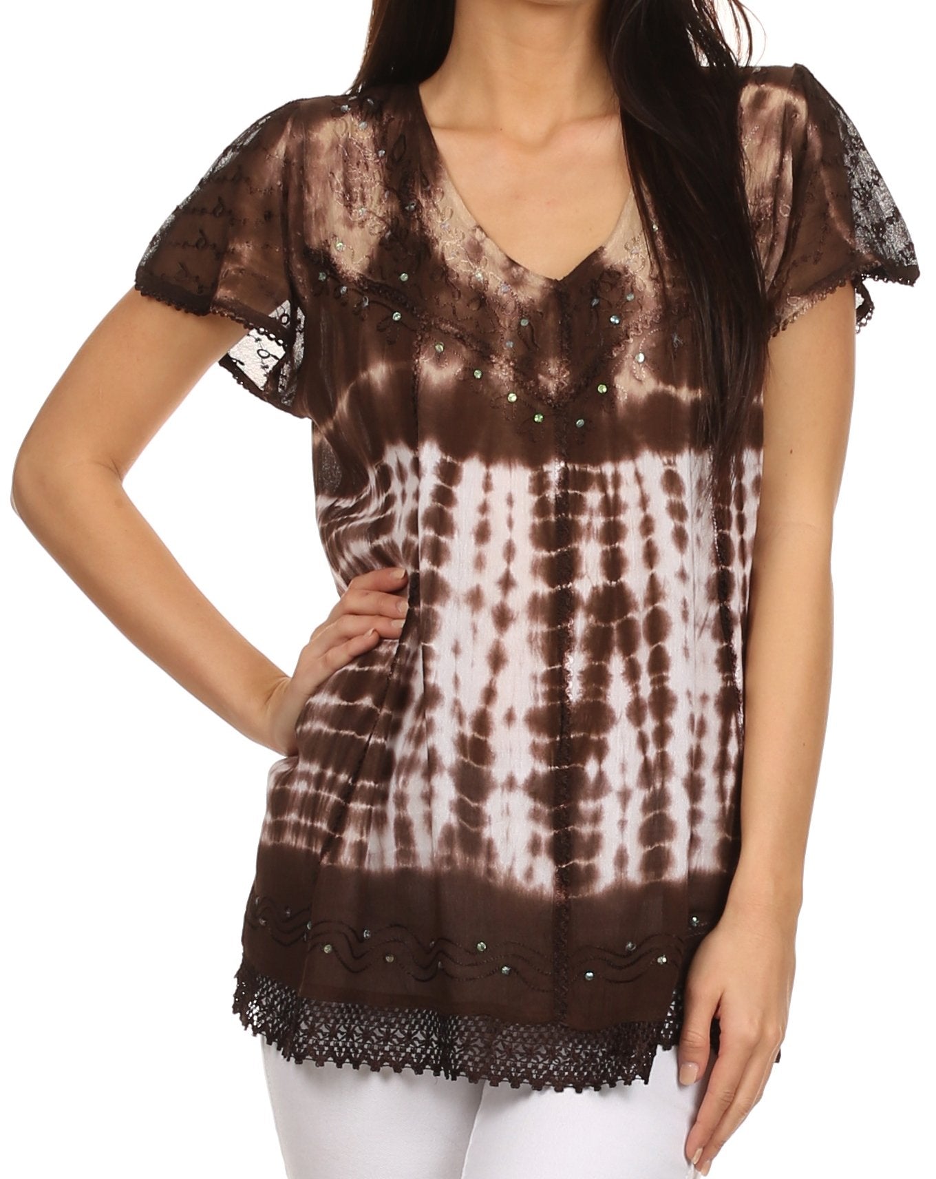 Tie-dye top with lace details on a white background