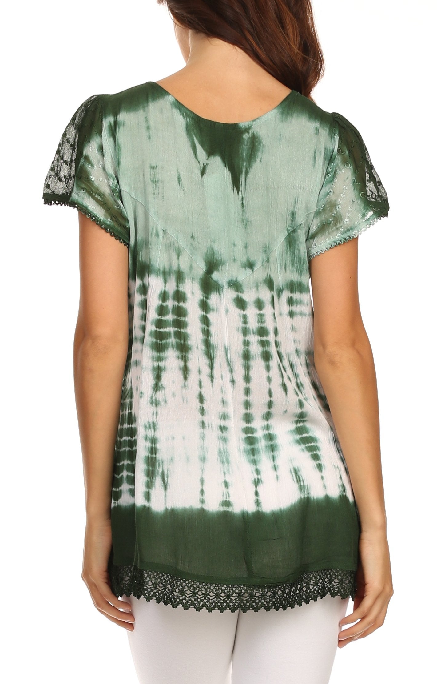 Green and white tie-dye top with lace trim on a white background
