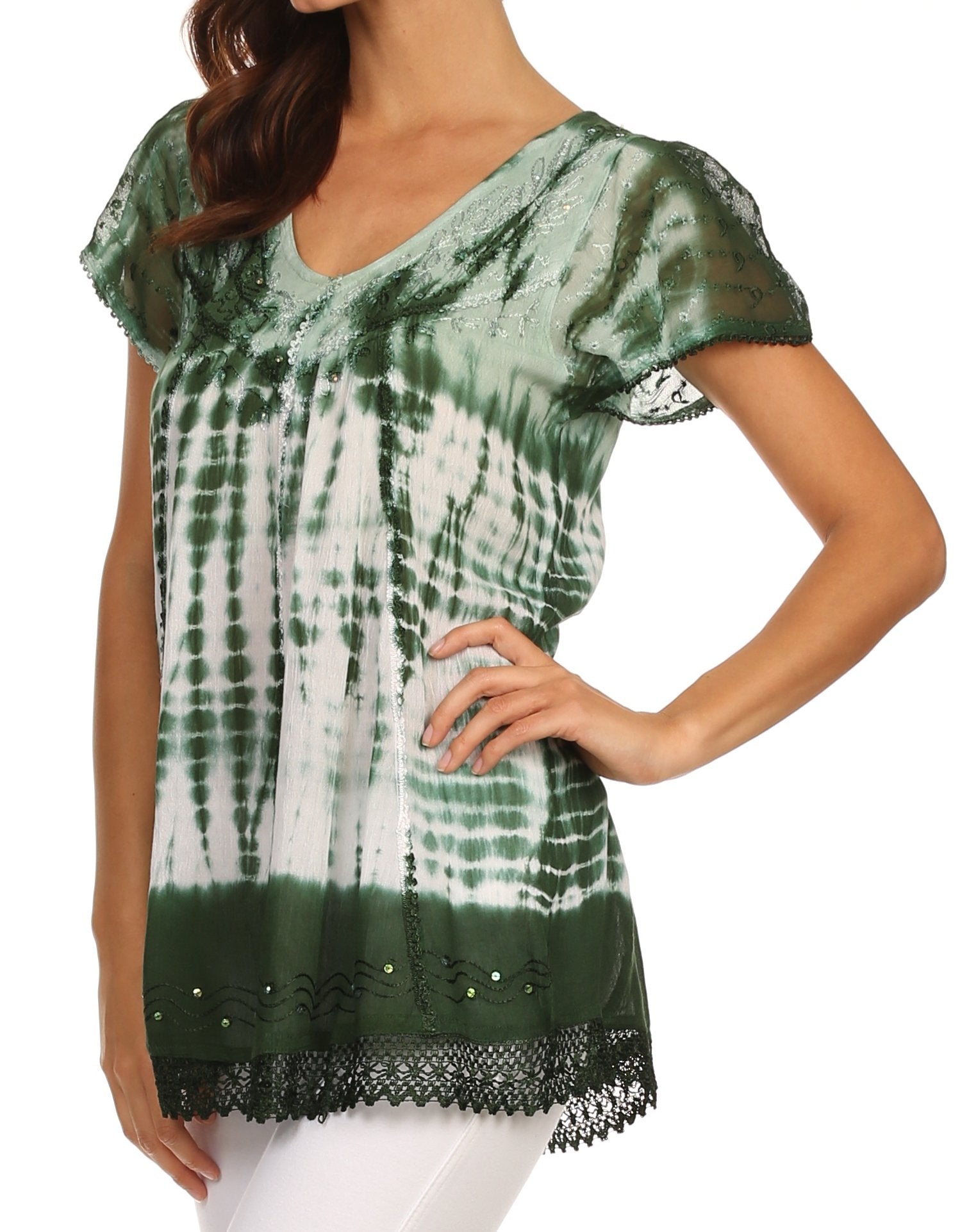 Green and white tie-dye top with lace trim on a white background