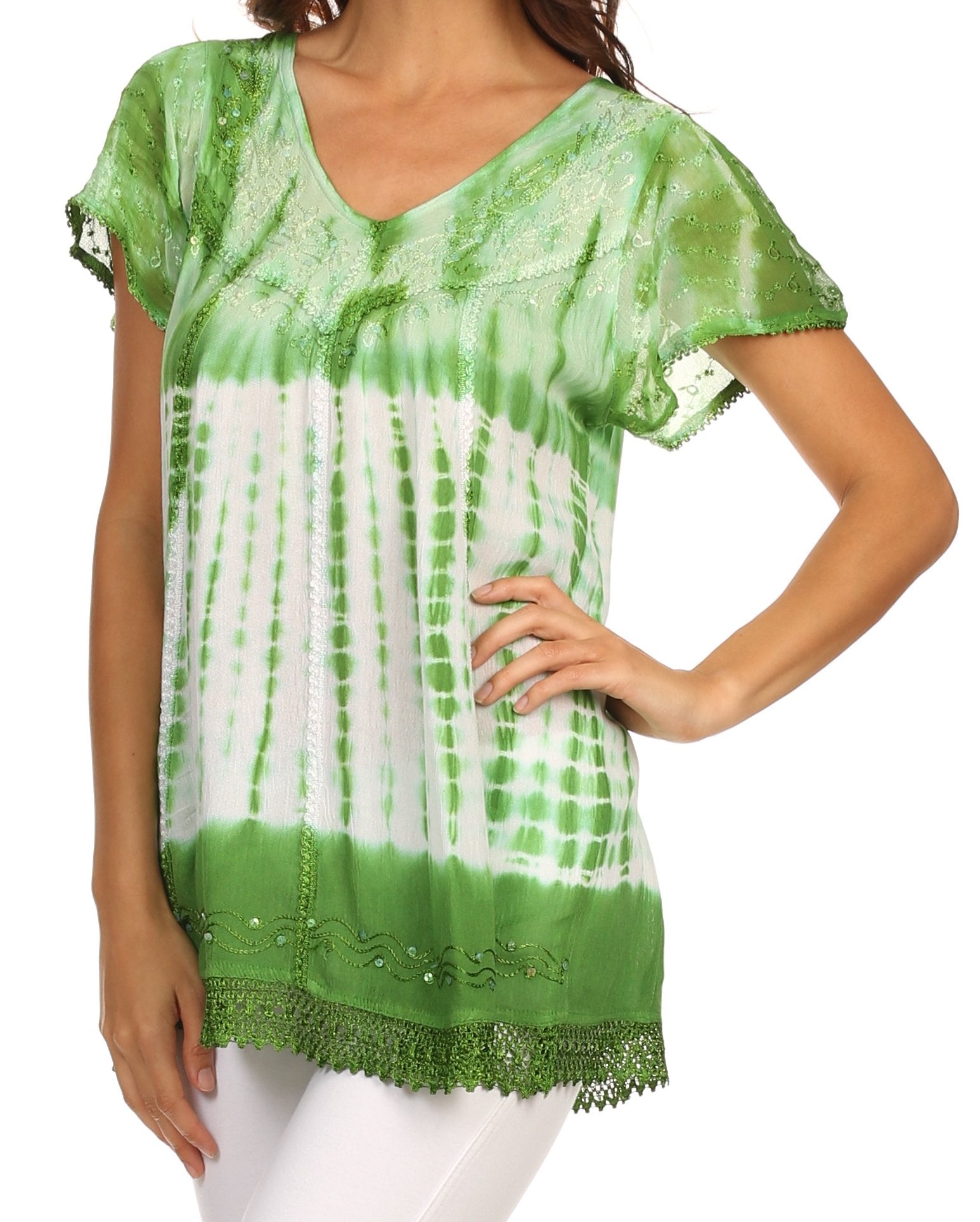Green and white tie-dye top with lace details on a white background