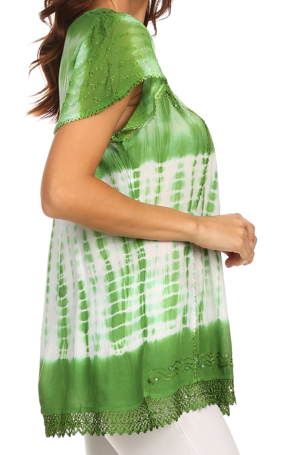 Green and white tie-dye top with lace details on a white background