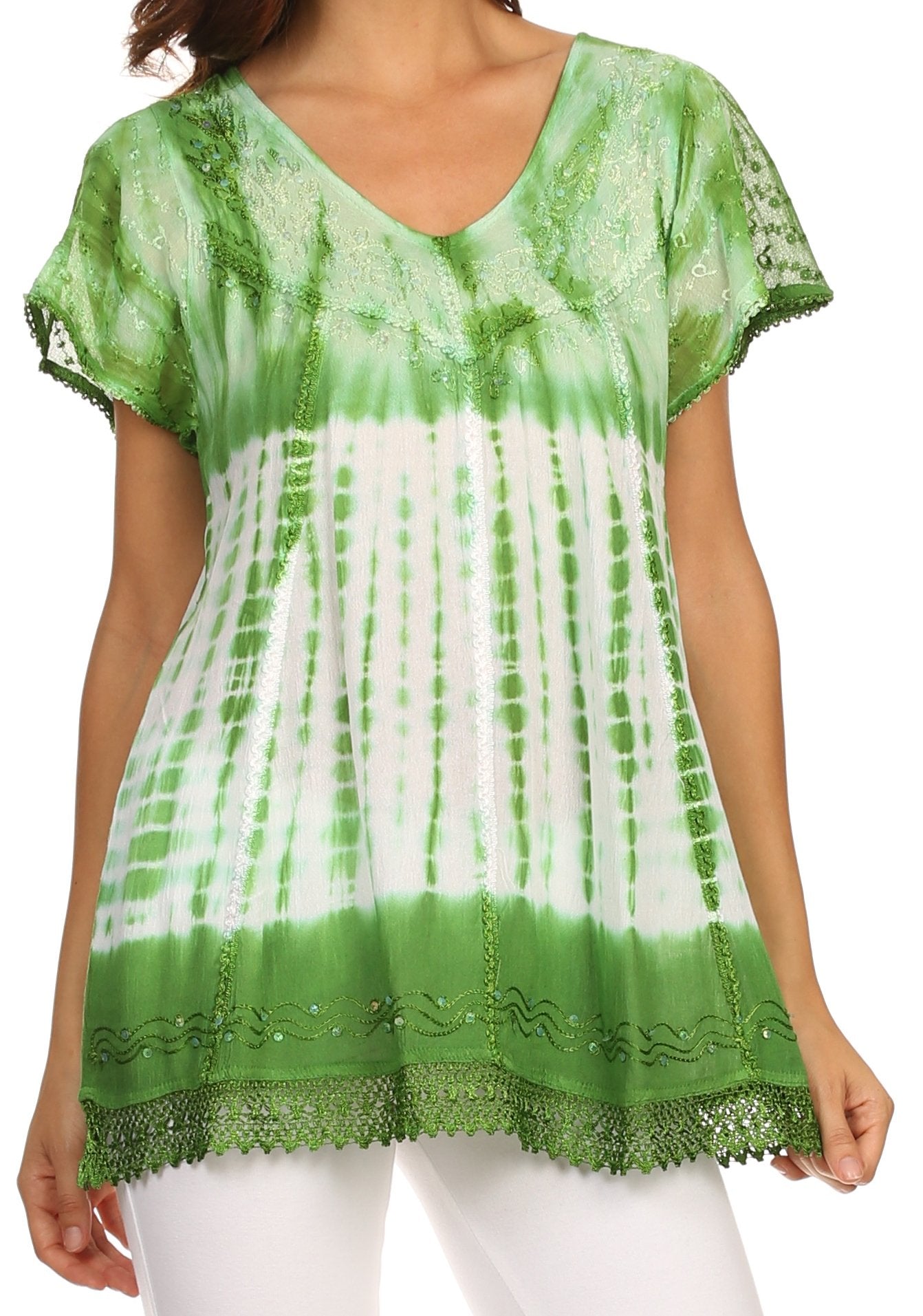 Green and white tie-dye top with lace details on a white background