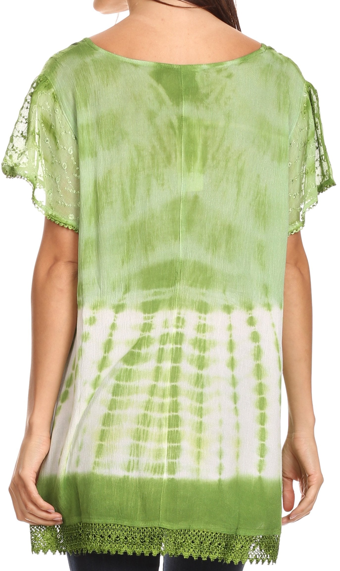 Green and white tie-dye top with lace details on a person