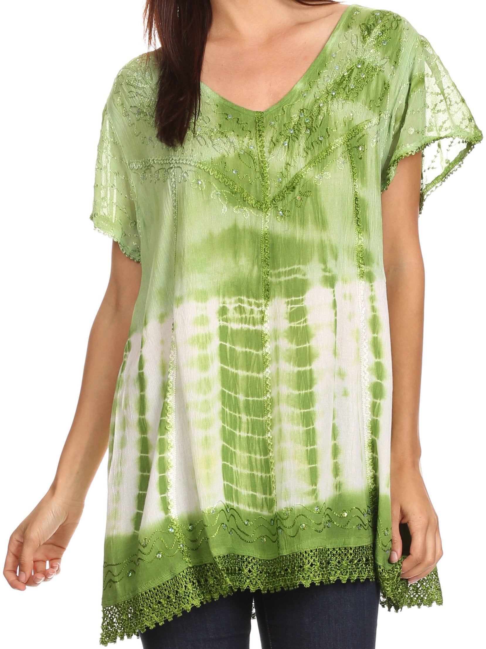 Green and white tie-dye top with lace details on a white background