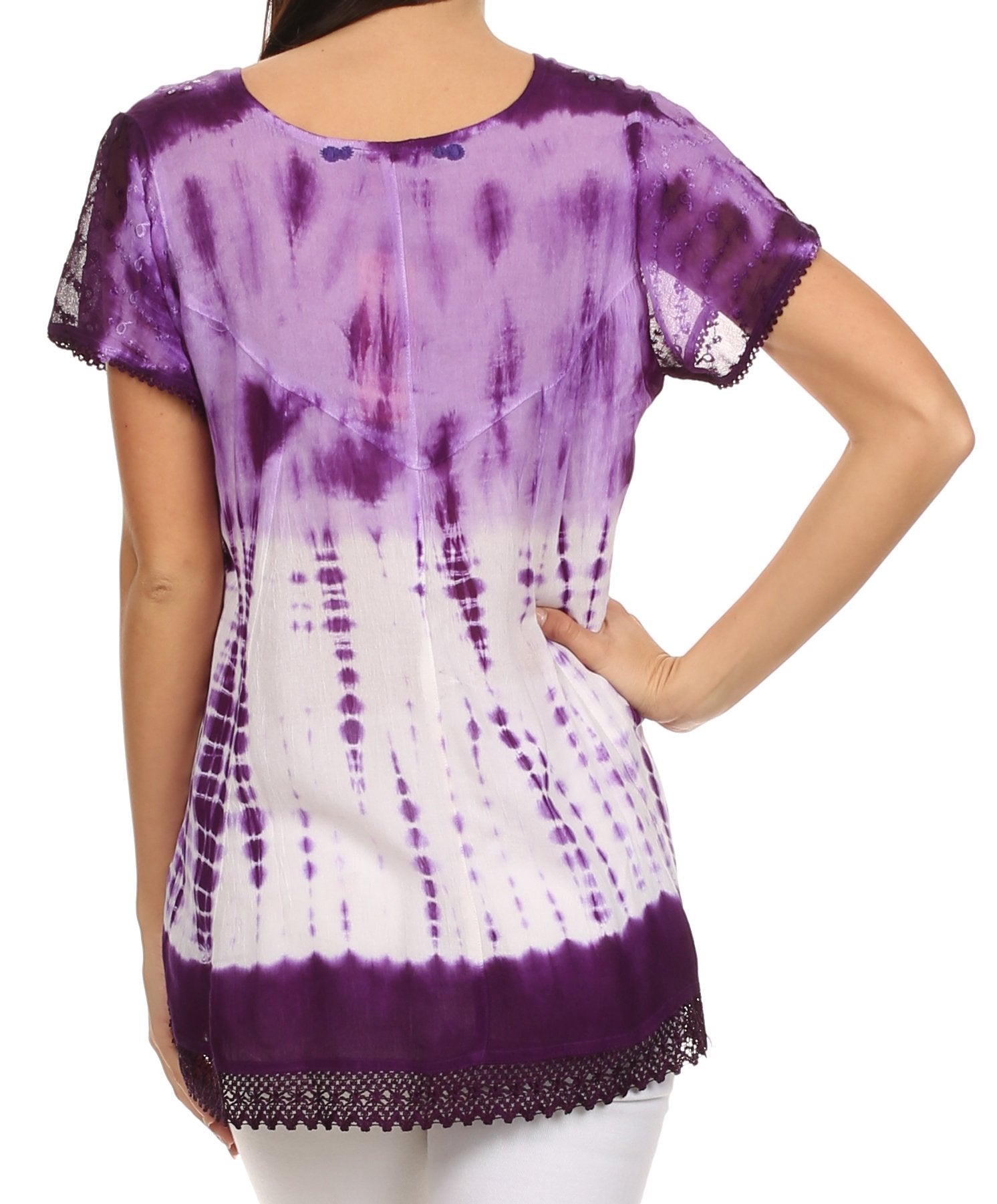 Purple and white tie-dye top with lace trim on a white background