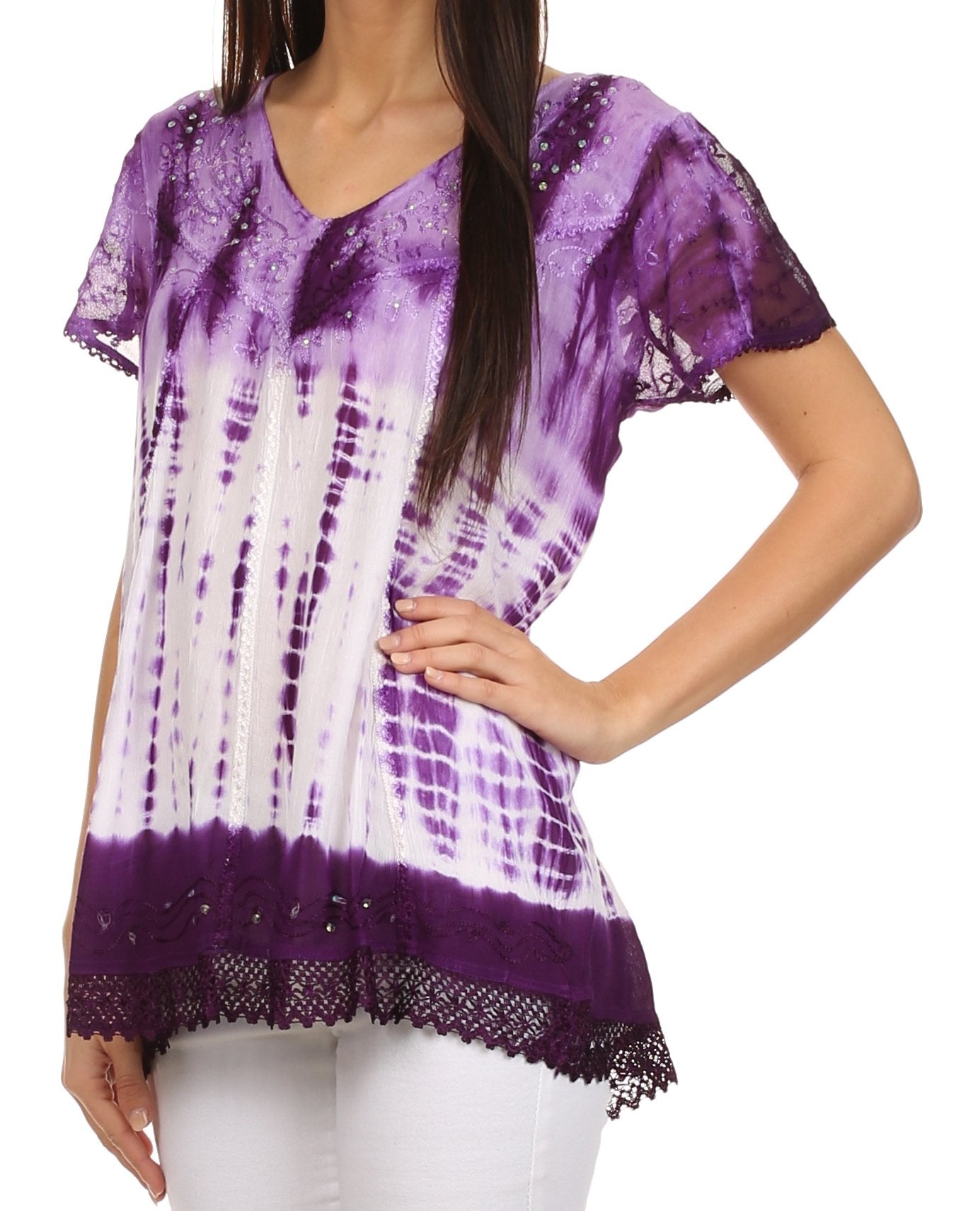 Purple and white tie-dye top with lace trim worn by a model on a white background