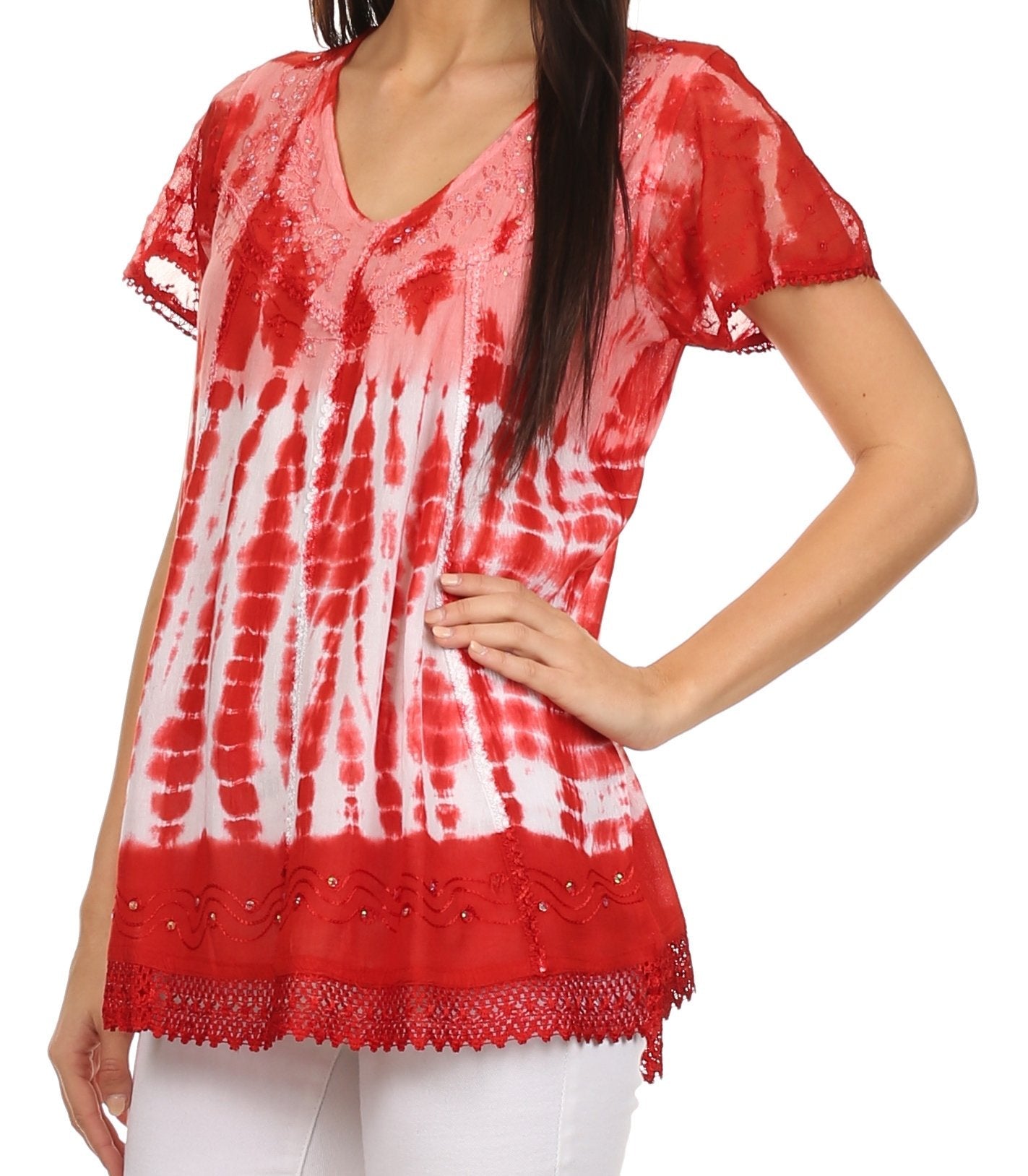 Red and white tie-dye top with lace details on a white background