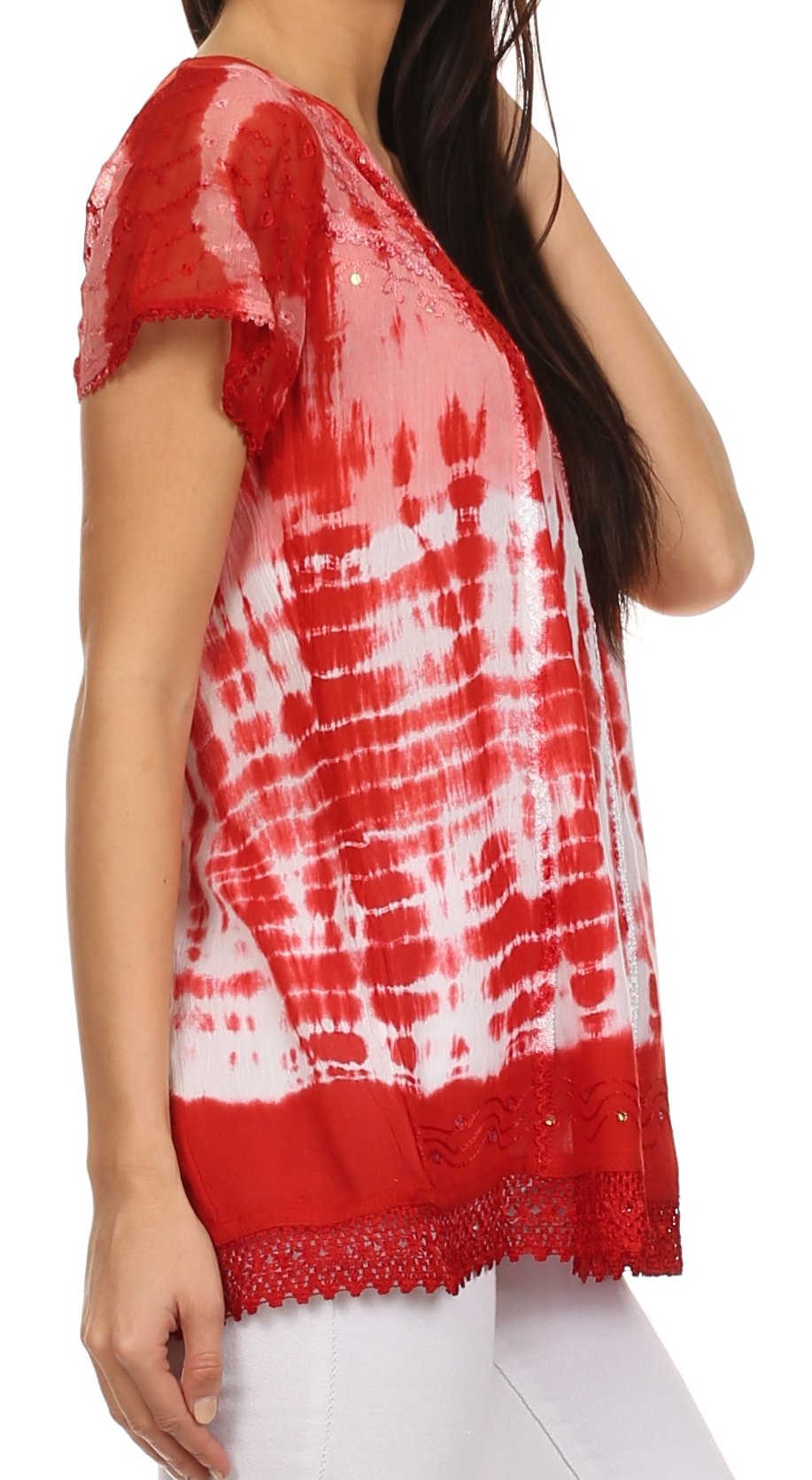 Red and white tie-dye top with lace trim on a white background
