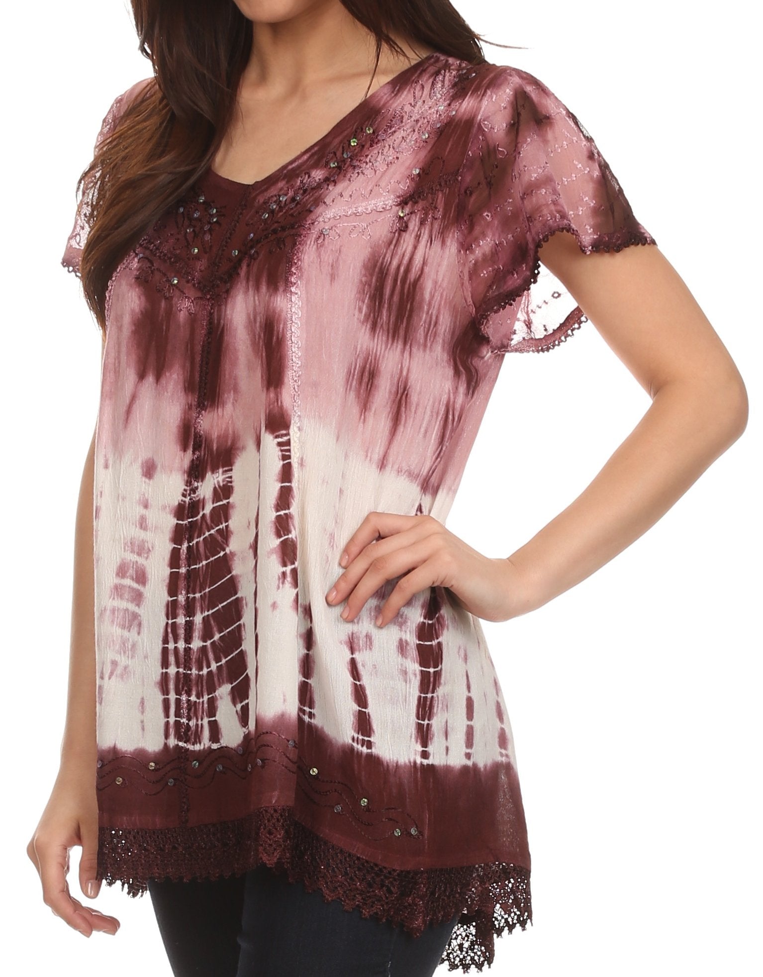 Tie-dye shirt with lace details on a white background