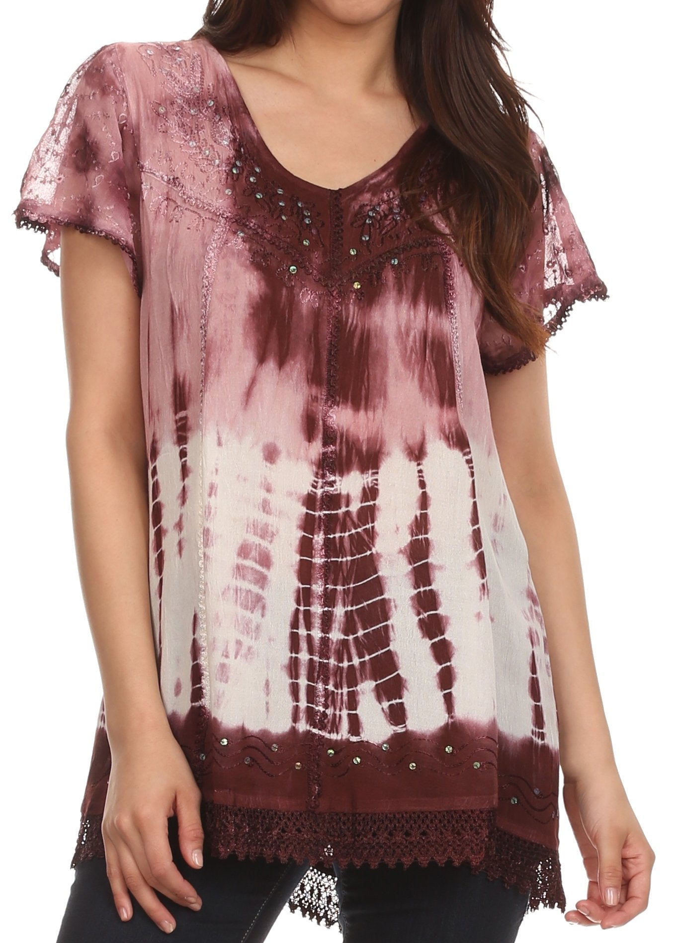 Tie-dye top with lace details on a white background