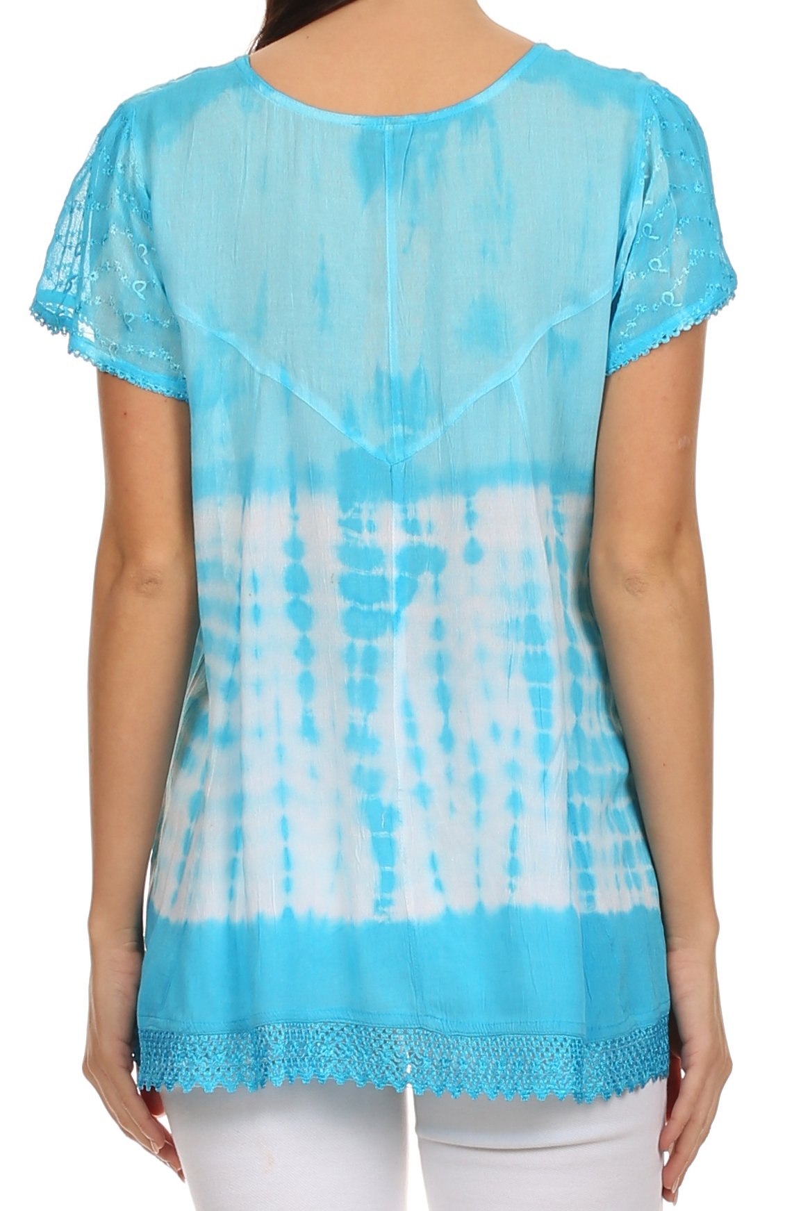 Blue and white tie-dye top with lace details on a white background