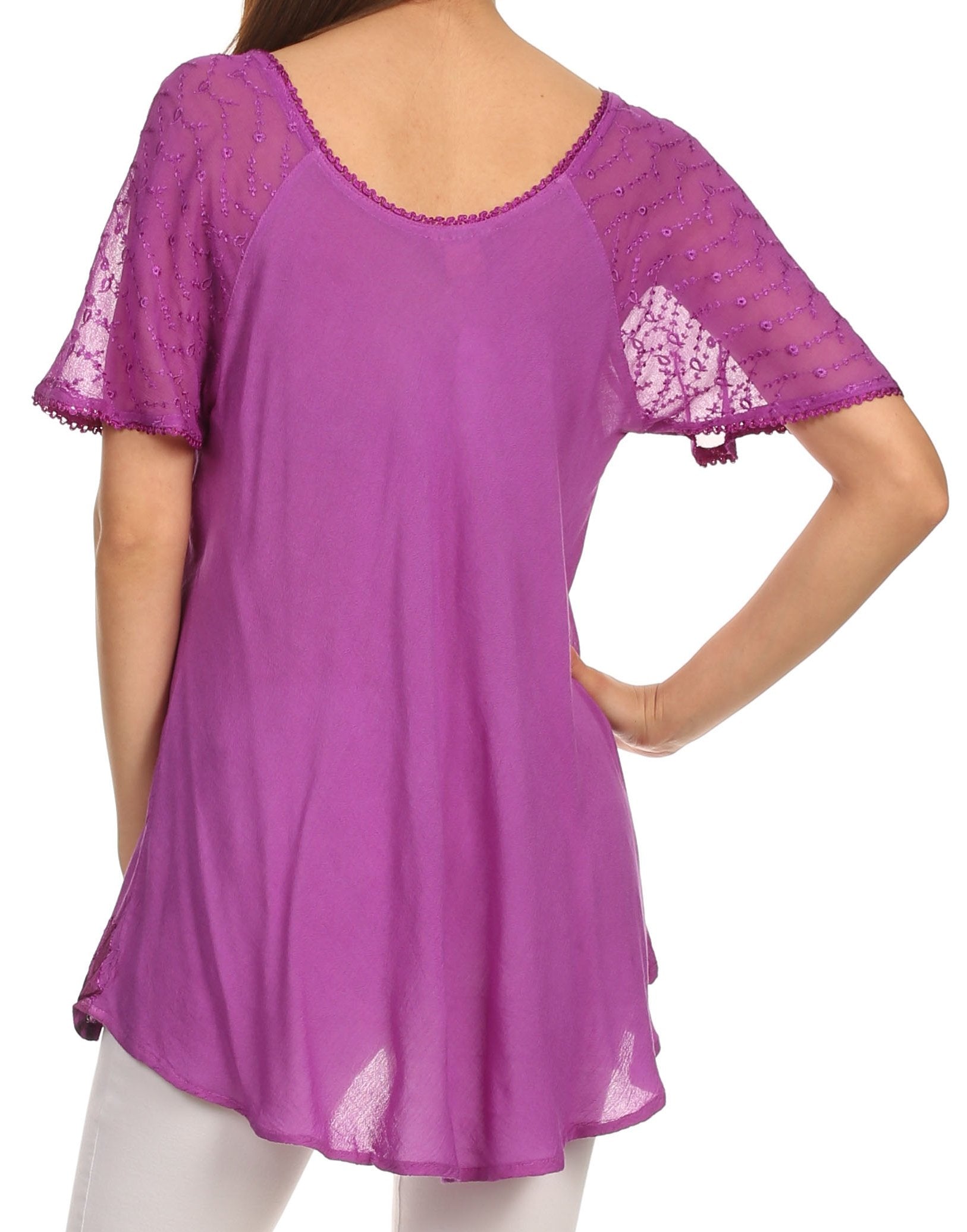 Purple lace-trimmed top worn by a person on a white background