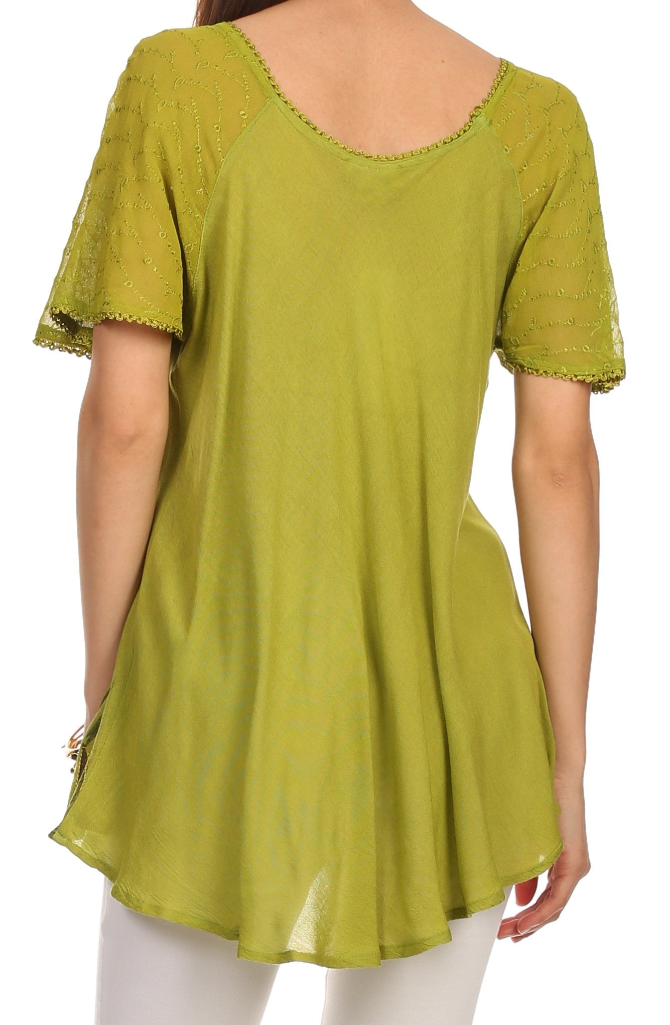 Green blouse with lace trim on a white background