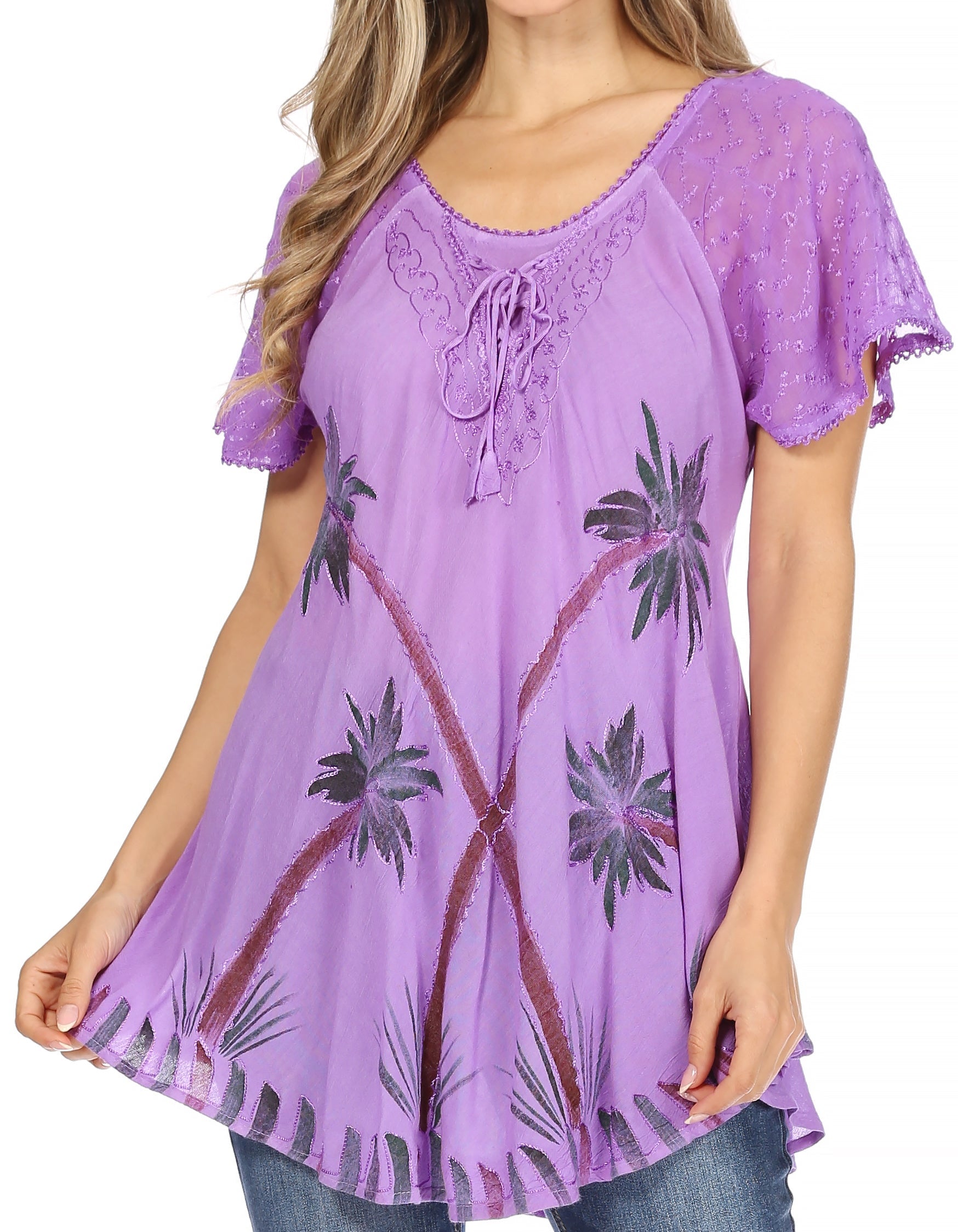 Purple lace-up top with palm tree design worn by a model on a white background