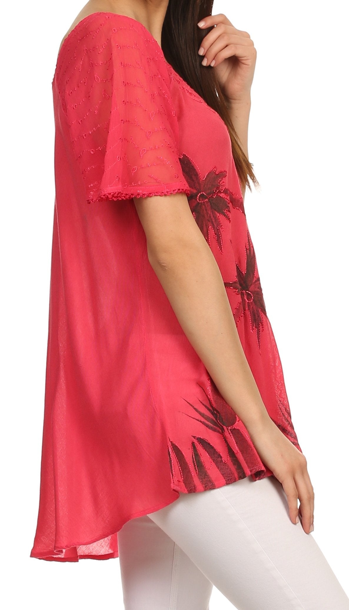 Red floral dress with white pants on a white background