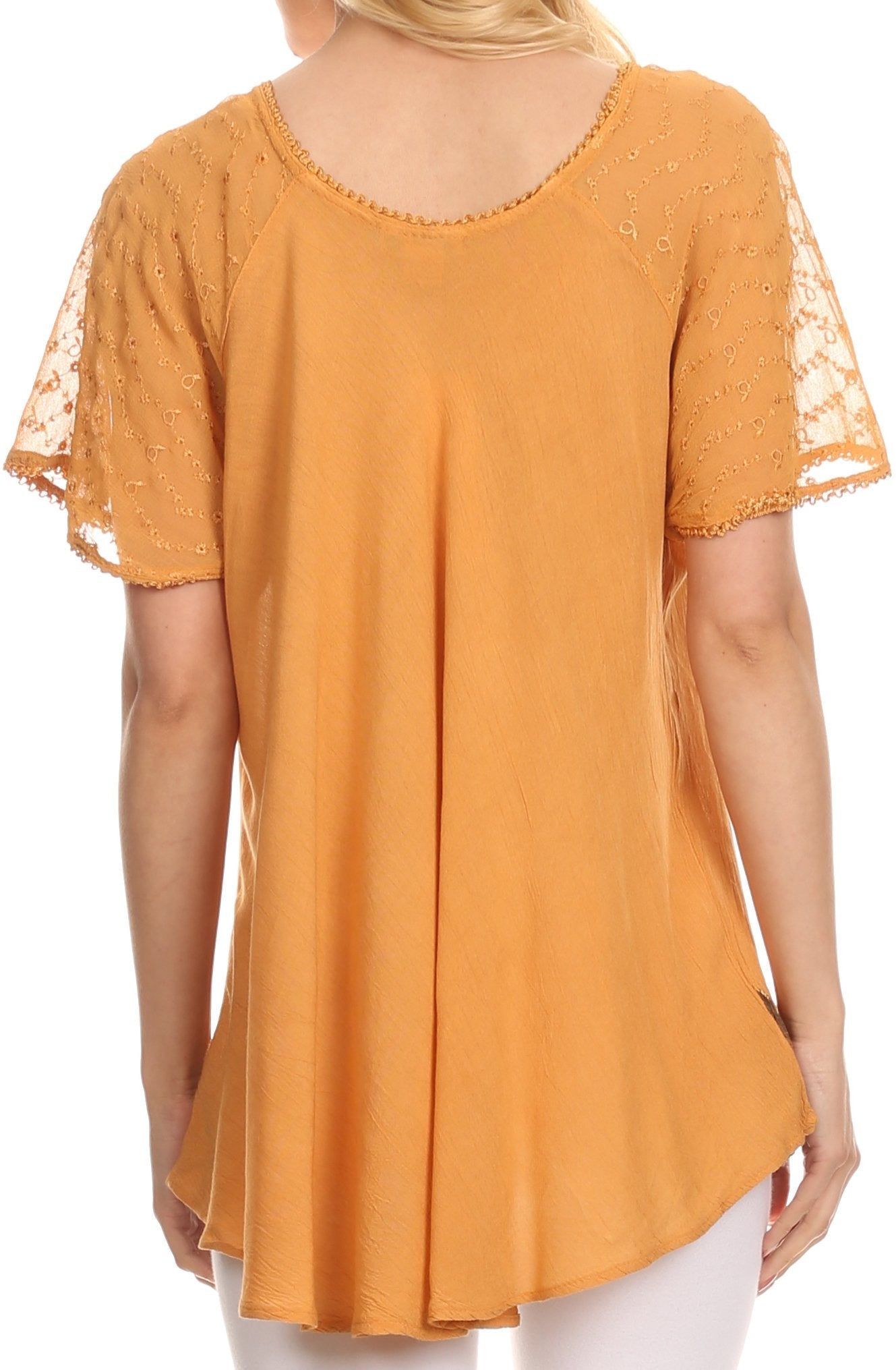Orange blouse with lace sleeves on a white background