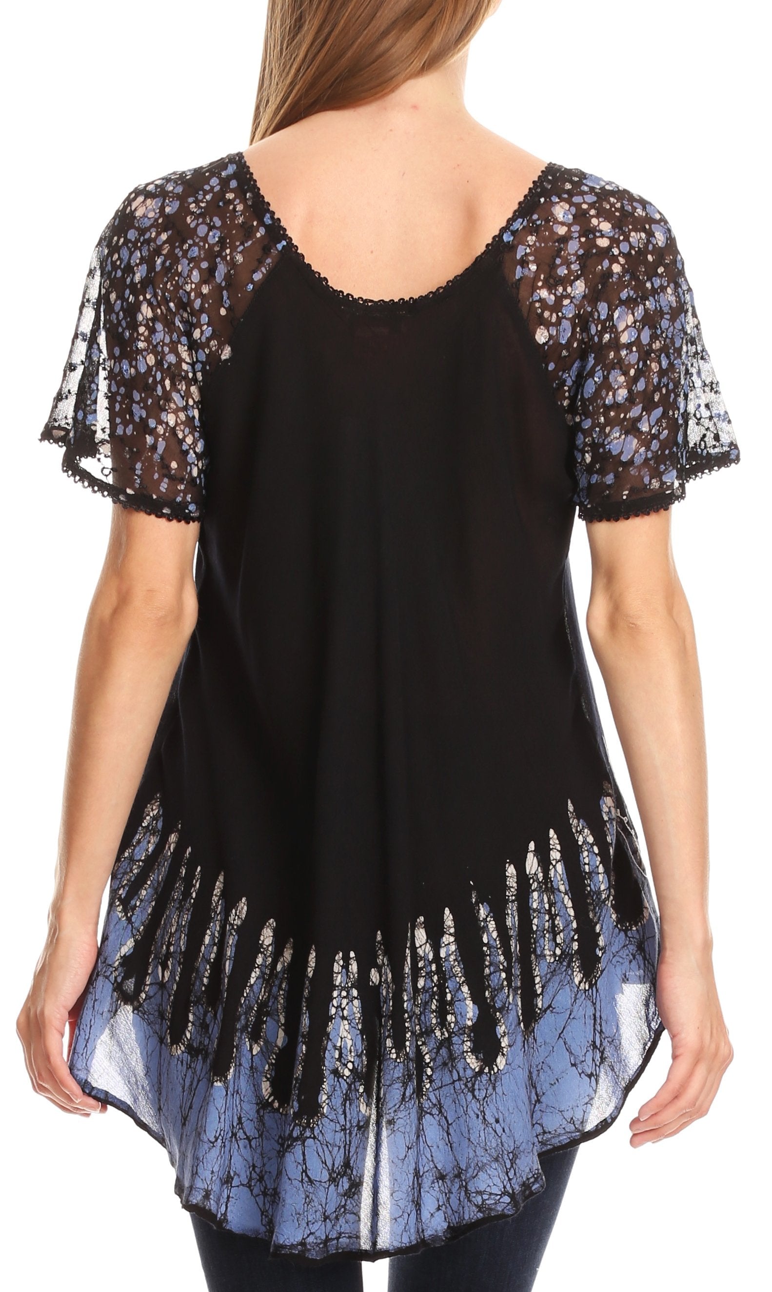 Black and blue lace top with sheer sleeves and hem on a white background