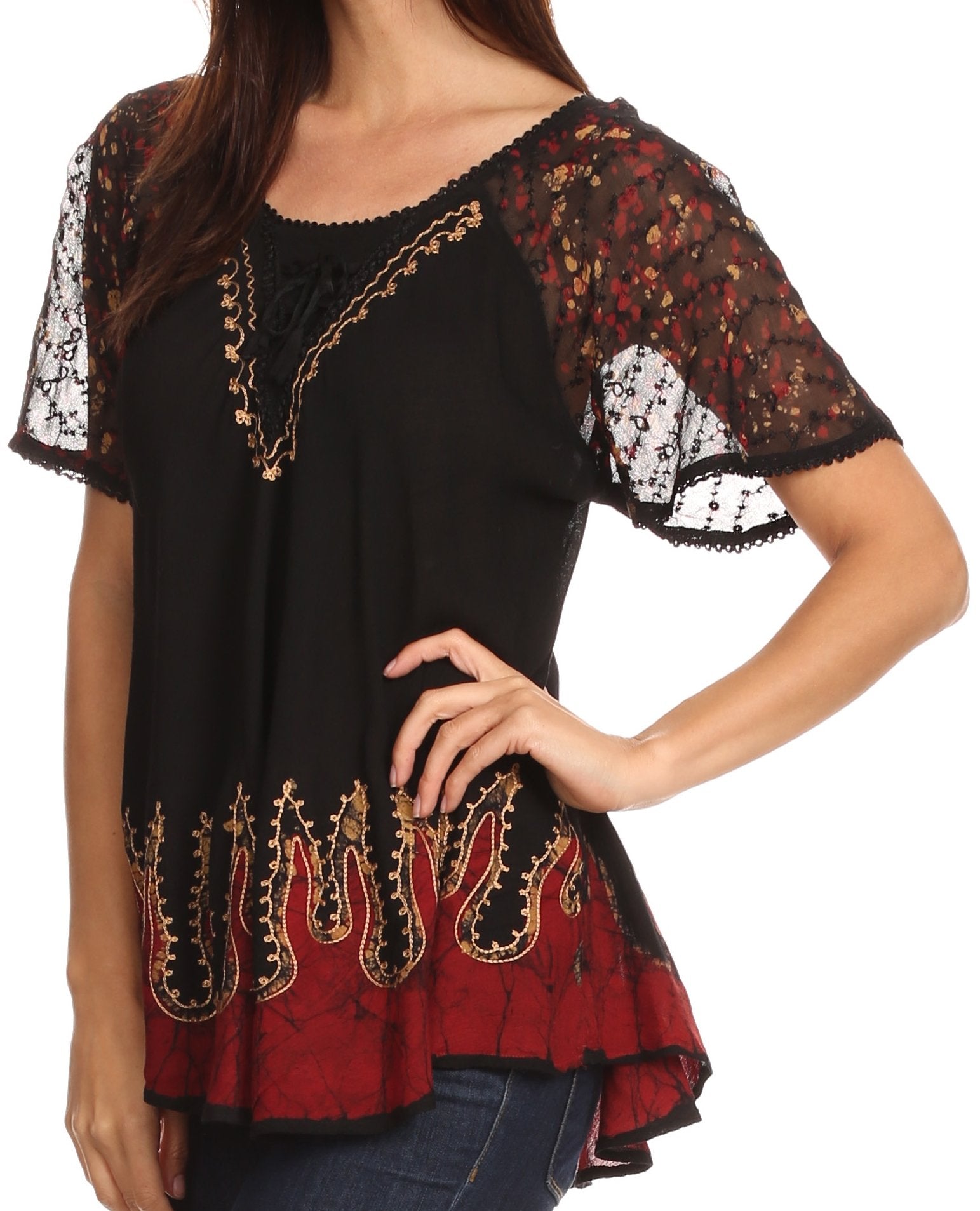 Black and red blouse with lace details on a white background