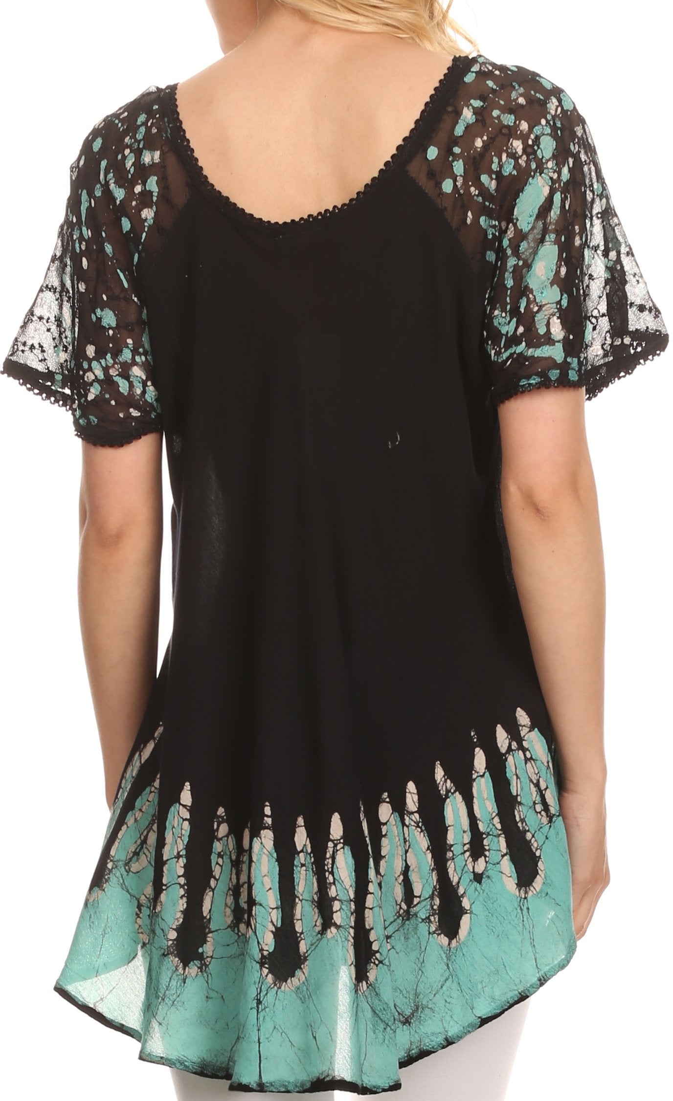 Black tunic with floral sleeves and hem on a white background