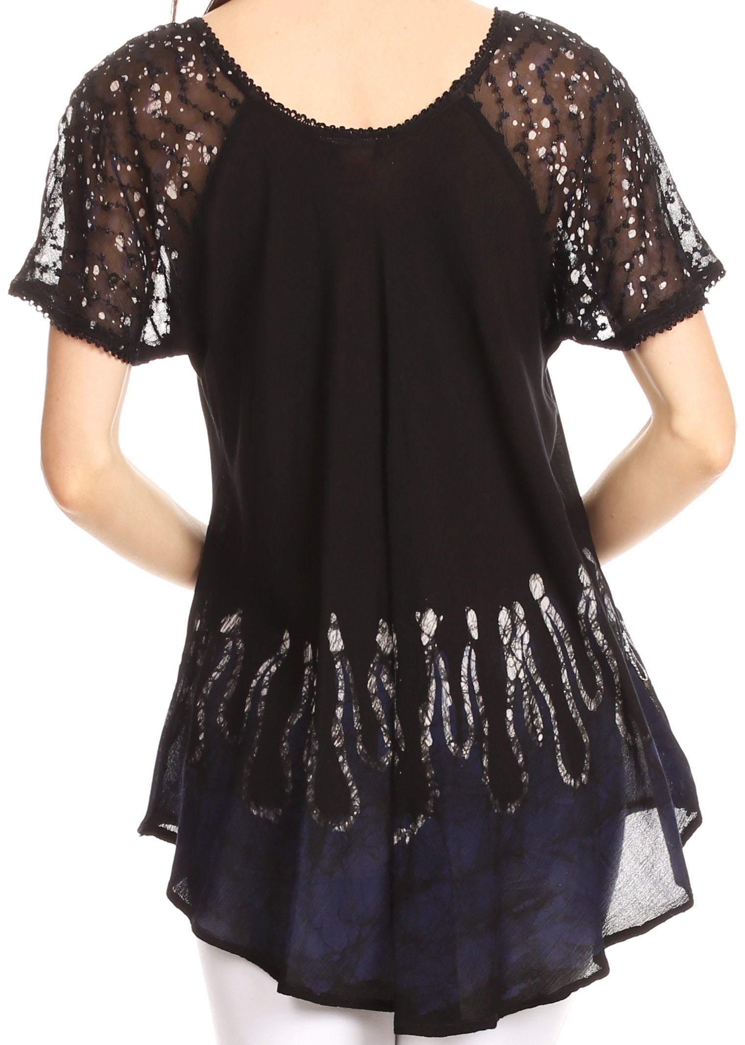Black top with sheer sleeves and bottom hem on a white background