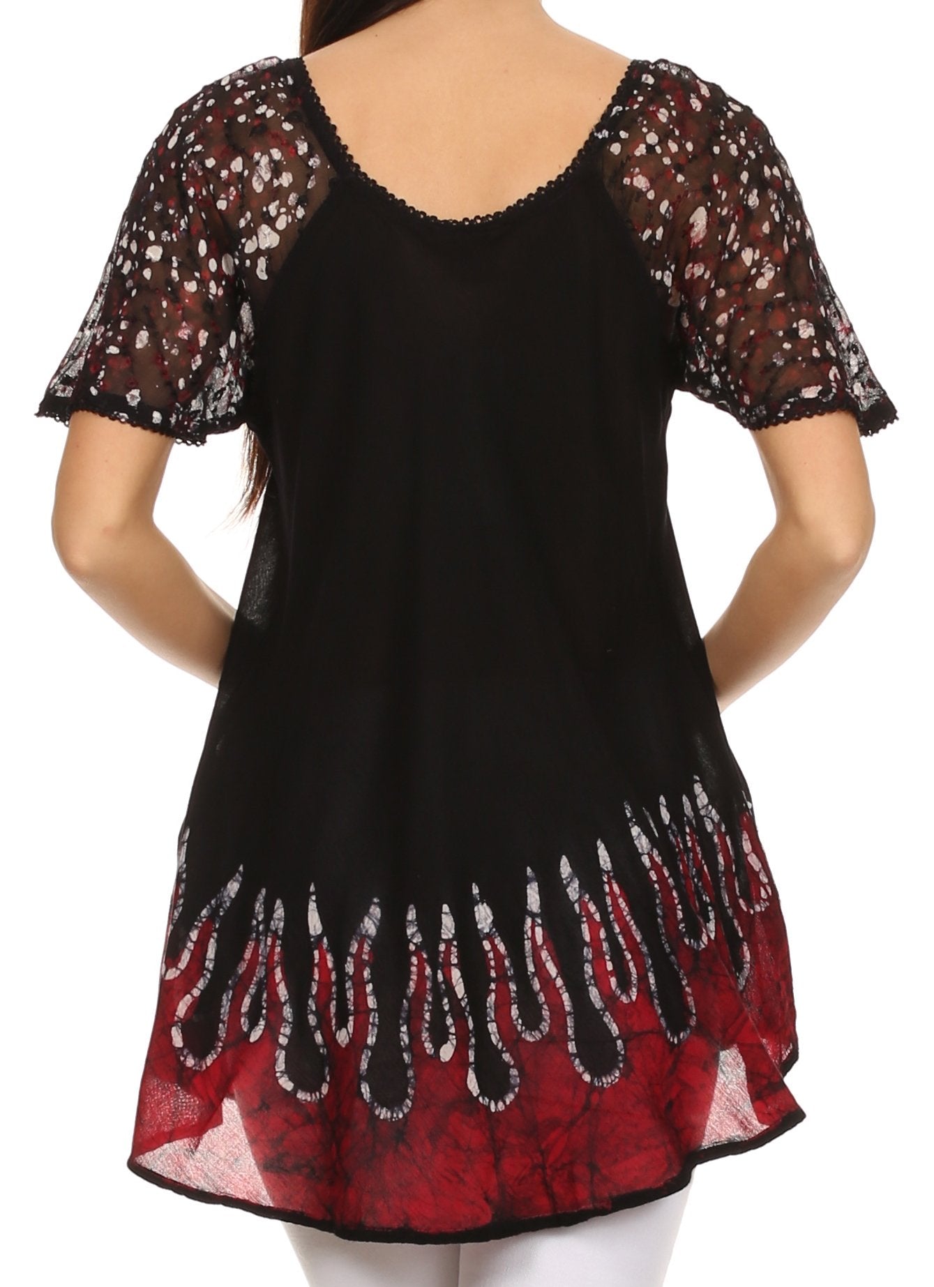 Black dress with red and white floral patterns on a white background