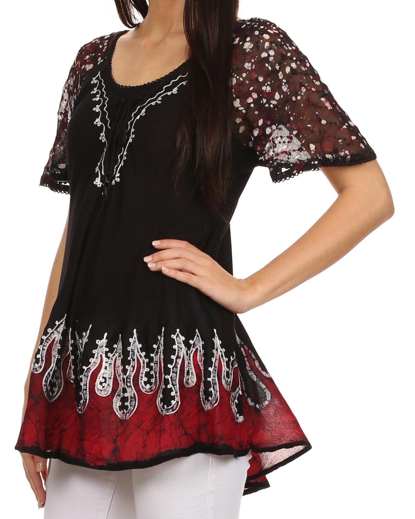 Black and red embroidered top worn by a model on a white background