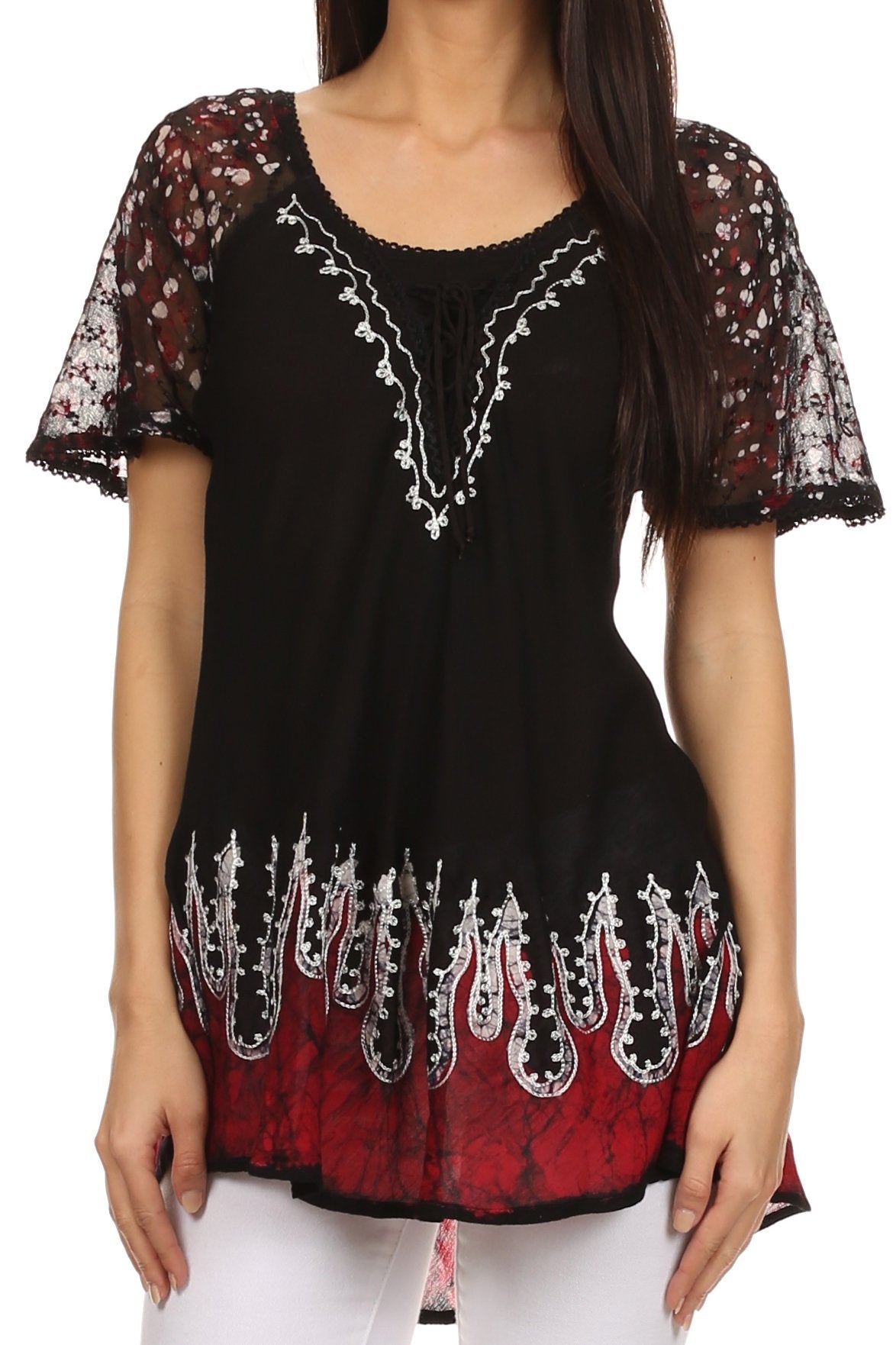 Black and red embroidered top worn by a model on a white background
