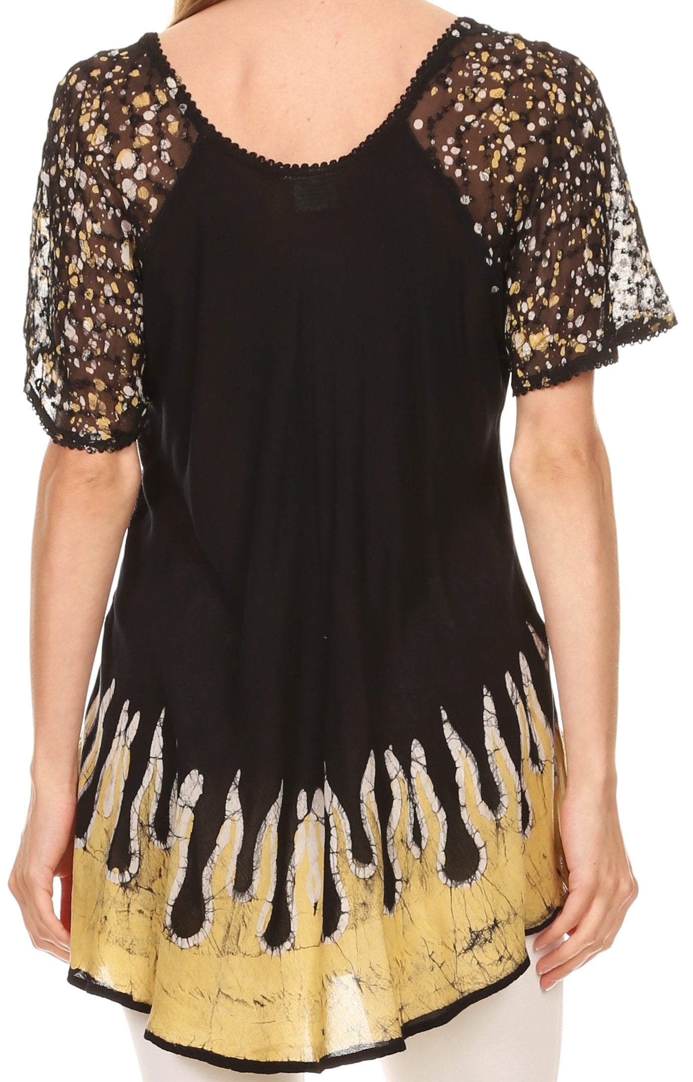 Black top with sheer sleeves and flame pattern at the bottom on a white background