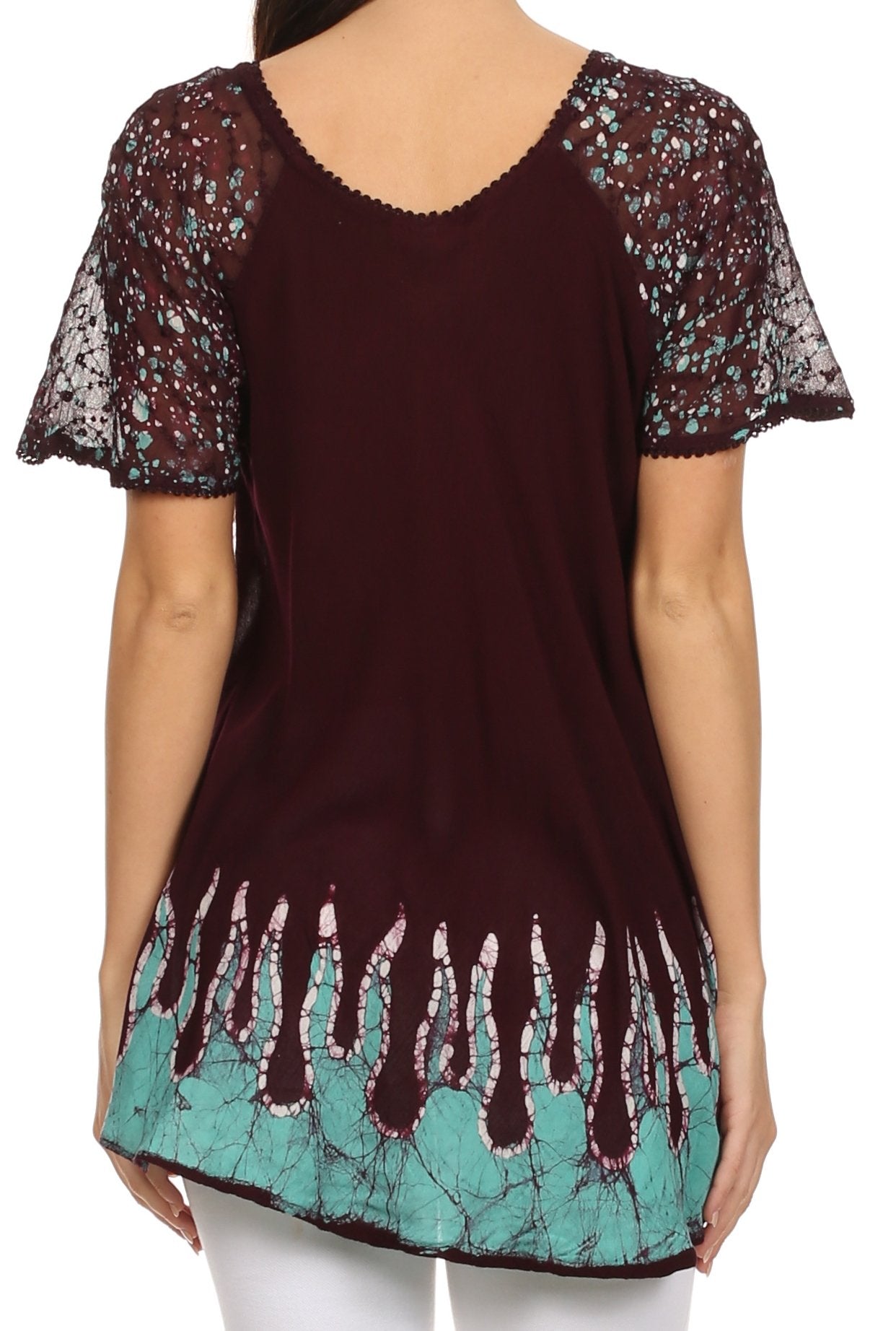 Brown tunic with black lace sleeves and turquoise hem