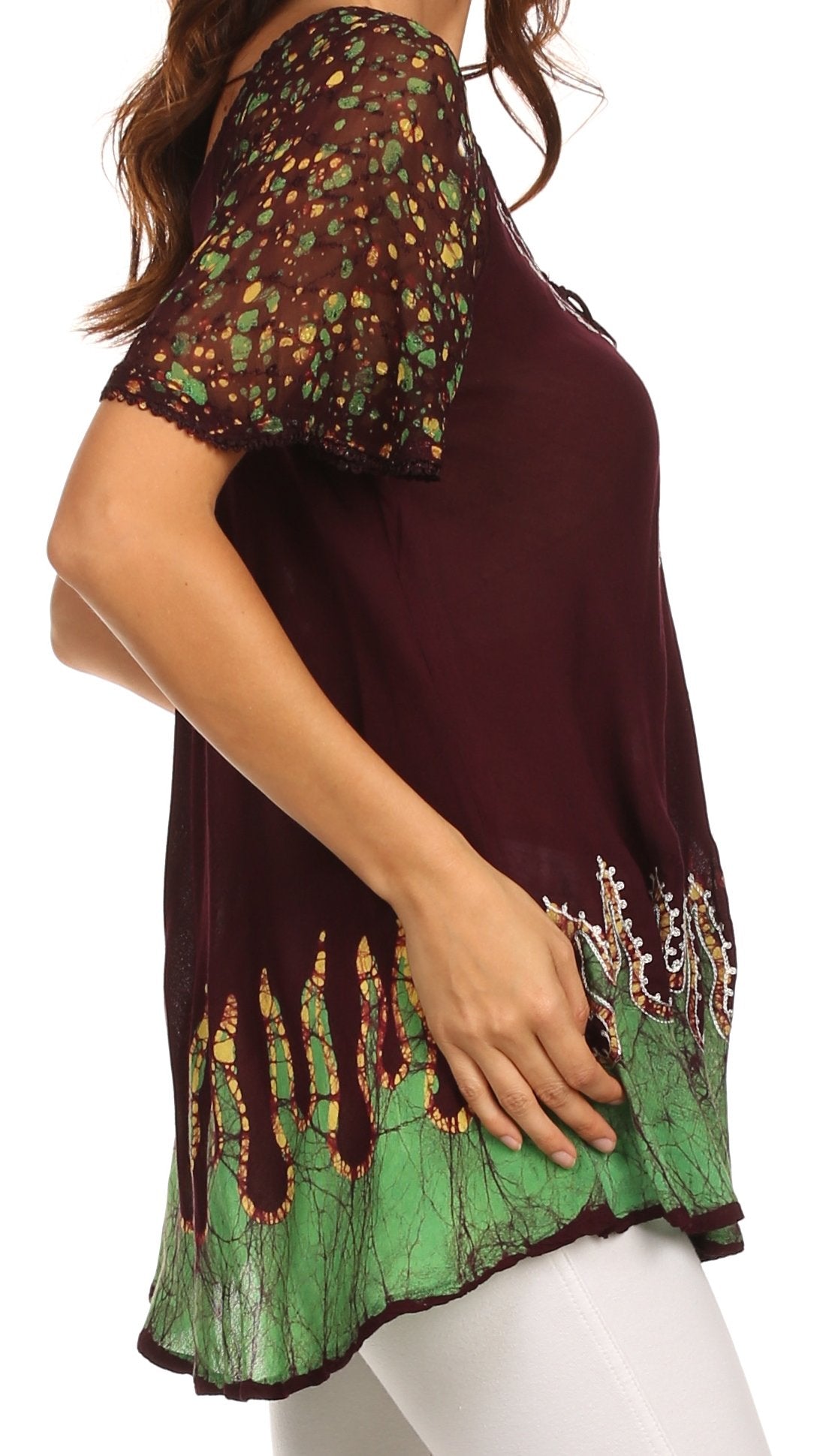 Brown blouse with colorful lace details on a white background
