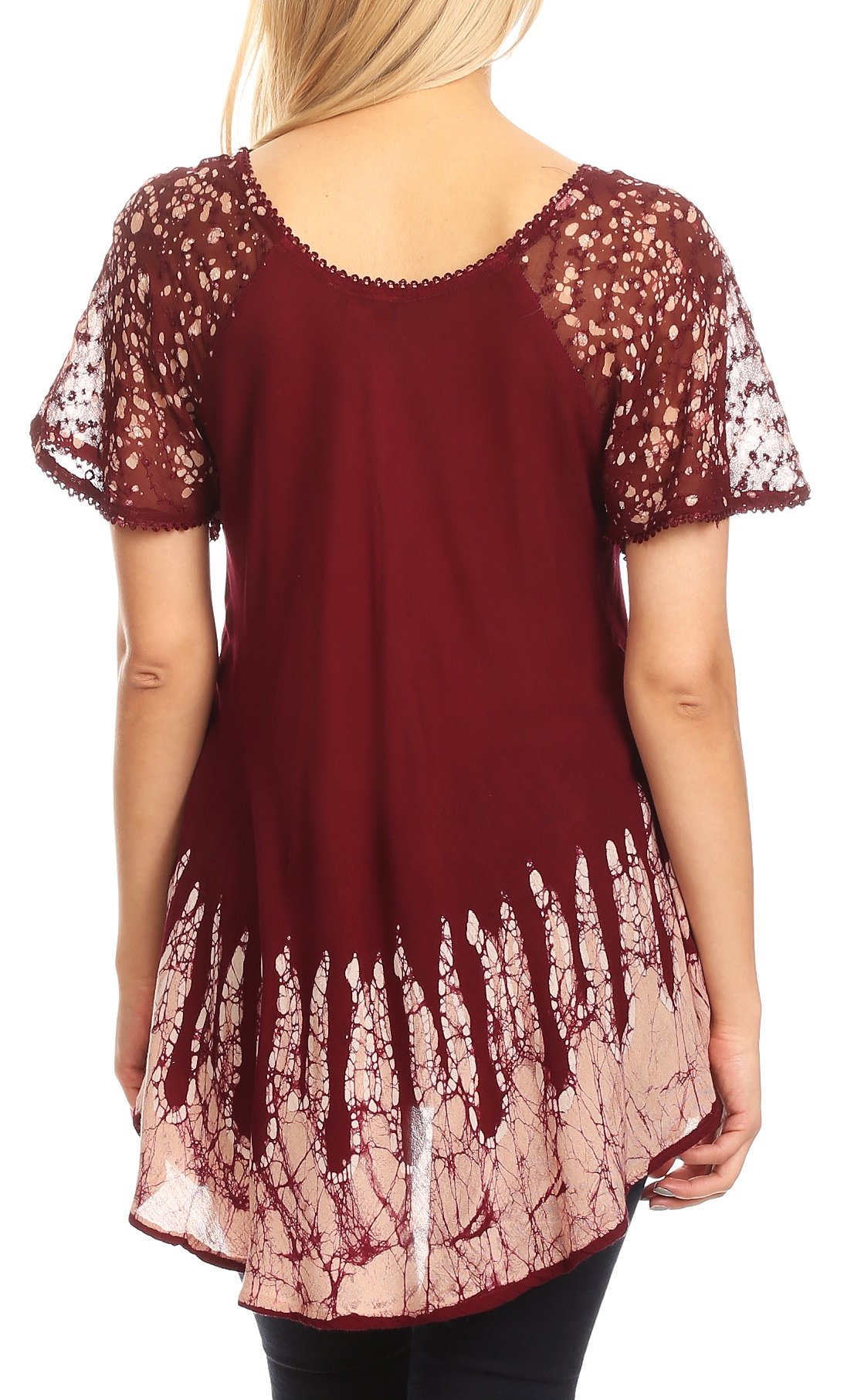 Maroon lace top worn by a person on a white background