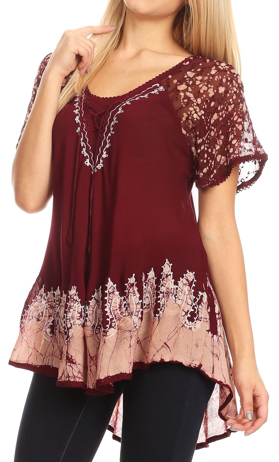 Maroon lace top worn by a model on a white background