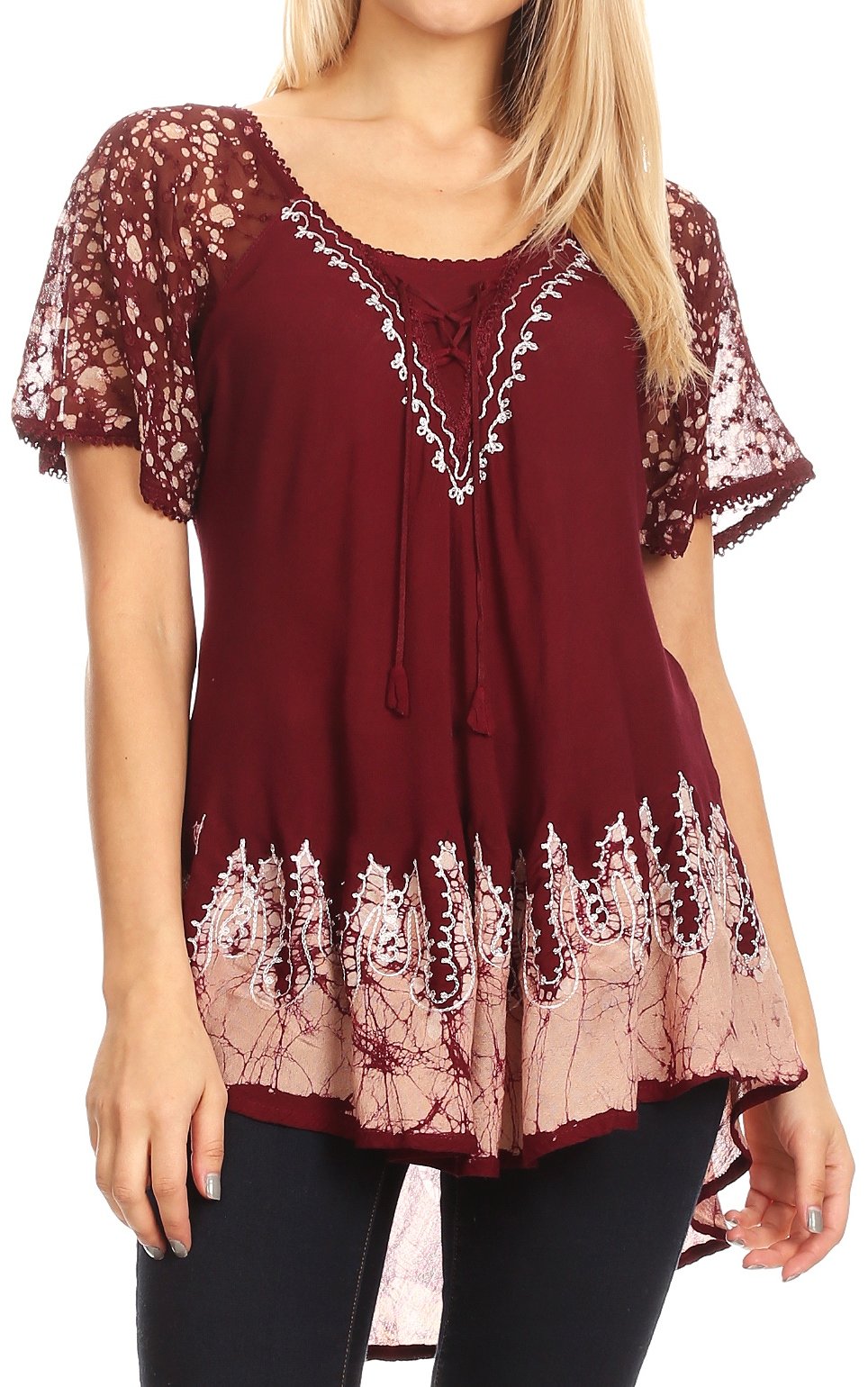 Maroon lace top with floral embroidery on a white background