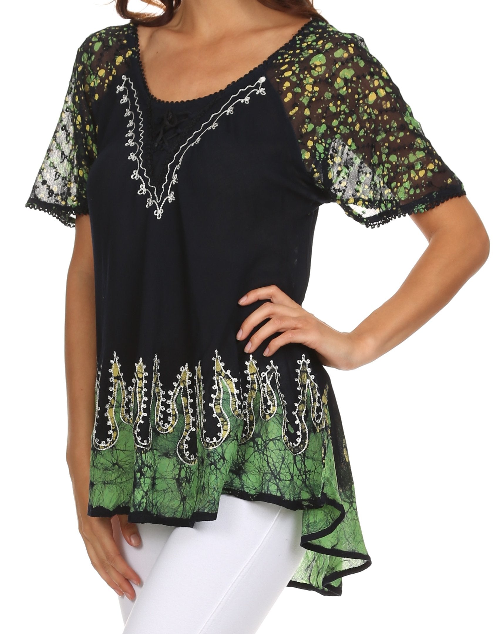 Black and green embroidered top worn by a model on a white background
